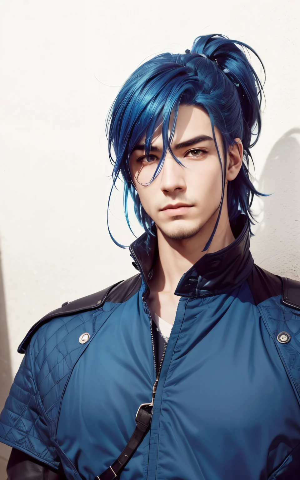 A man with realistic blue hair, (same realistic hairstyle), realistic handsome face, realistic cool expression, adapt the same realistic clothes,realistic light, realistic shadows, realistic background, good image quality, very good image results, 4k, ultra detailed, realistic