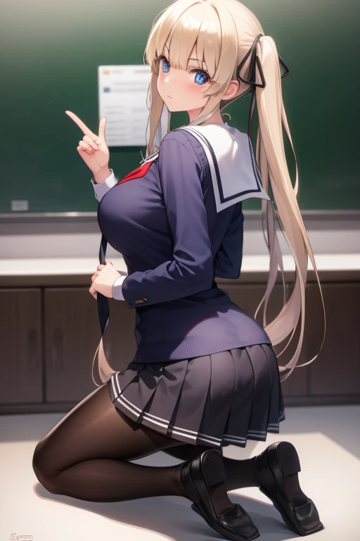 eririspencer, eriri sawamura spencer, blonde hair, blue eyes, blunt bangs, hair ribbon, hime cut, long hair, twintails, full body, full pose, BIG BREASTS, gross face, Grimace, ((kneeling)), BREAK black ribbon, black skirt, ((black pantyhose)), pleated skirt, ribbon, school uniform, skirt, zettai ryouiki, BREAK ((looking back)), ((school shoes)), BREAK indoors, classroom, BREAK (masterpiece:1.2), best quality, high resolution, unity 8k wallpaper, (illustration:0.8), (beautiful detailed eyes:1.6), extremely detailed face, perfect lighting, extremely detailed CG, (perfect hands, perfect anatomy),