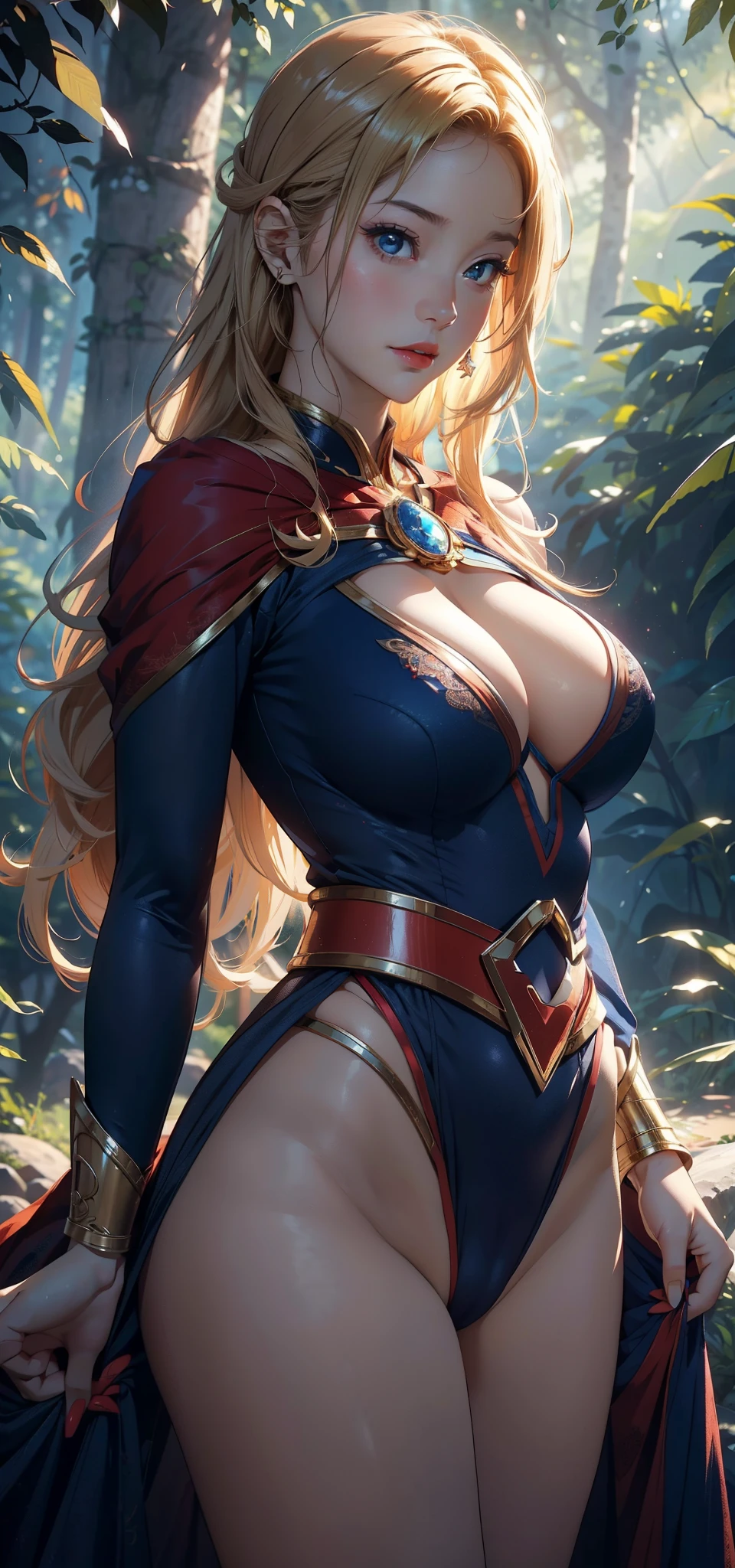 1female，45 yers old，Married woman，熟妇，Large breasts，long leges，big chest and thin waist， photo exposure， 独奏，（Background with：at a forest，the rainforest，in summer） She has long blonde hair，Redlip，Stood up，seen from the front， curlies， The sky is mostly cloudy，（（（tmasterpiece），（Very detailed CG unified 8k wallpaper），Best quality at best，电影灯光，detailed back ground，beautidful eyes，Bright pupils，（very delicate beautiful），（Beautiful and detailed eye descriptions），ultra - detailed，tmasterpiece，）），facing at the camera，A high resolution，ultra - detailed），revealing breasts，Bare genitals， convex，Camel toes，Raised sexy，Supergirl（dressed in：，，blue red superman uniform，lace panty，nakeness，badges）