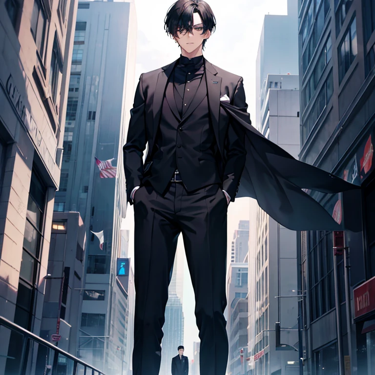 1 boys. Tall. Handsome.emotionless face. Black hair. Black suit with white shirt inside. Black eyes . Look at user. In the city