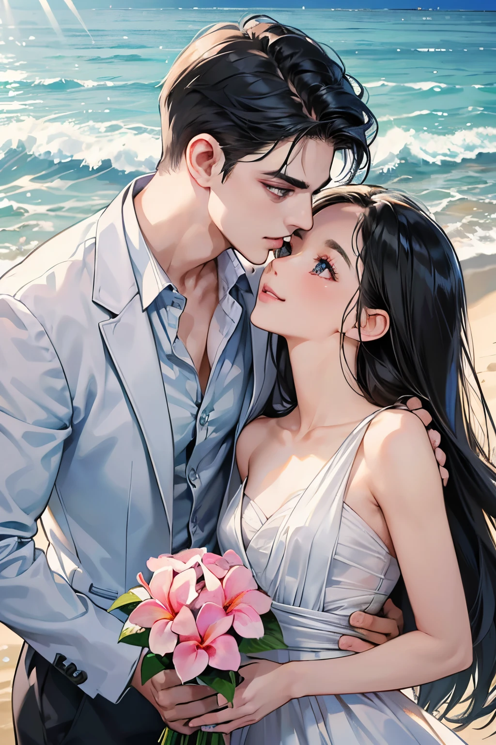 (masutepiece, Digital Art, Digital Illustration, 4K, 8K, Ultra-detailed, beautiful image, Sharp Image, Photorealistic, Raw photo, Perfect face, Perfect lines, Perfect eyes, Soft lighting) ,1 woman, (Long Black Hair,straight haired,Bullish gaze,Beautie,ellegance,Solid makeup,23 y-o woman,small tits:1.3),Two handsome men in suits, (ember,well-muscled,Firm shoulder width,Adult male,Boyish hairstyle,English gentlemanly style,Man in his 30s with a cool expression,28-year-old man with bright smile:1.2),Show white teeth and smile(embarrassed from,Shy smile:1.1),shores,Beach,beach wedding、innocent smiles,Laugh、couple kissing、kiss、the kiss、Romance、weddingdress、Wedding、seaside chapel、veils、Bouquet of plumeria、