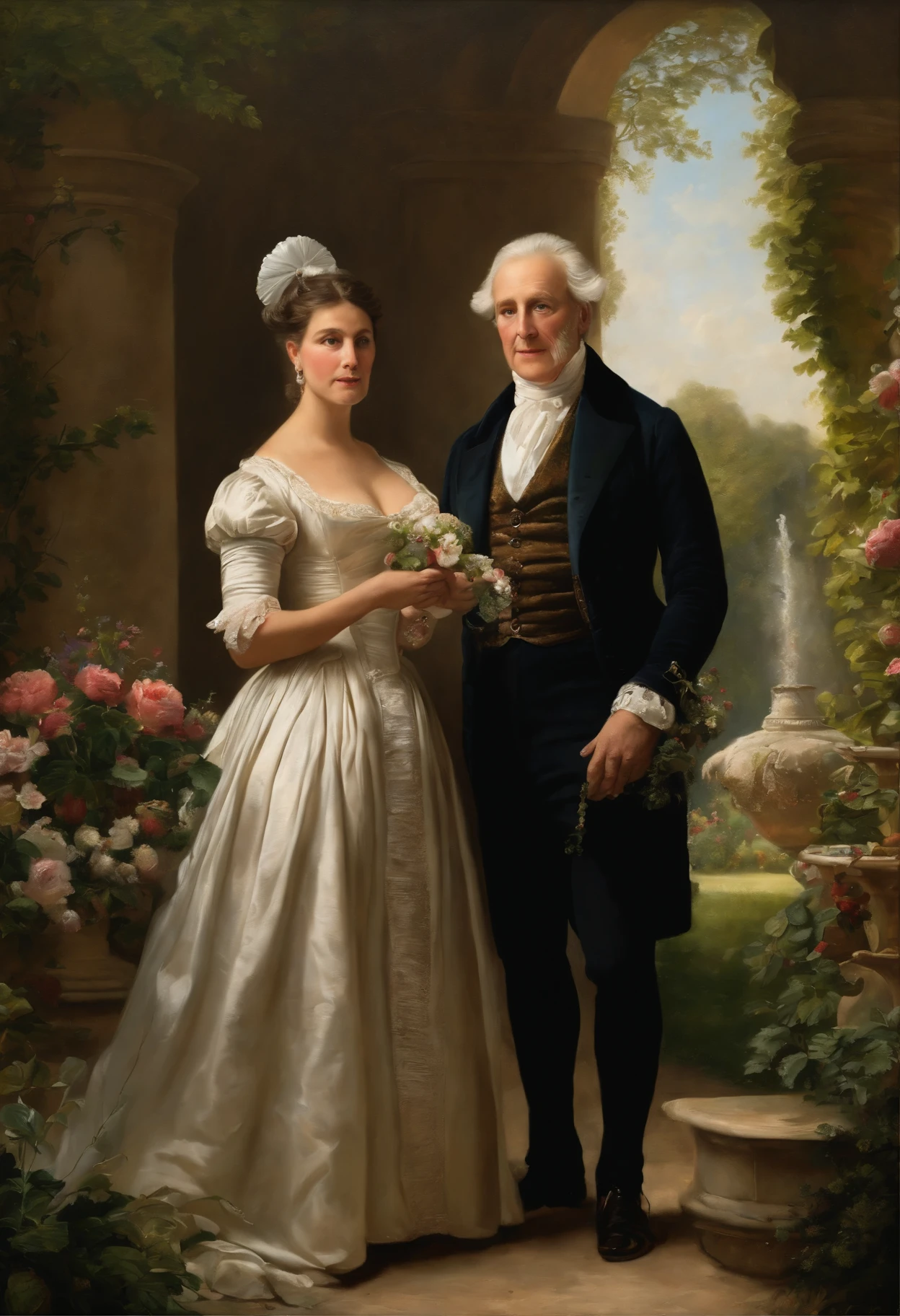 Regency style painting captures Curvy chambermaid Lucy Pinder and a elderly nobleman, engaged in confidential conversation amidst a lush garden, intricate floral arrangements framing them, subtle interplay of sunlight and shadow caressing their secretive expressions, 19th-century attire detailed with fine lace and embroidery, a fountain's gentle burble in the background, baroque architecture partially visible, soft pastels dominating the palette, oil on canvas, dramatic lighting, ultra fine detail