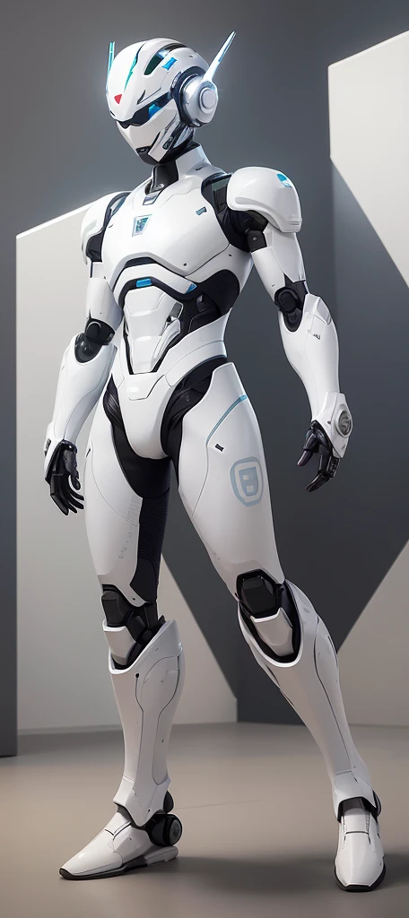 Close-up of a robot standing in a room with walls, in white futuristic armor, echo from overwatch, futuristic robot body, sci - fi suit, sci - fi details, science fiction suit, HEV Suit, neofuturistic highly detailed, energetic varia suit, cybersuit, glossy white armor, SCI - FI Characters, futuristic spacesuit, Modern clean white armor