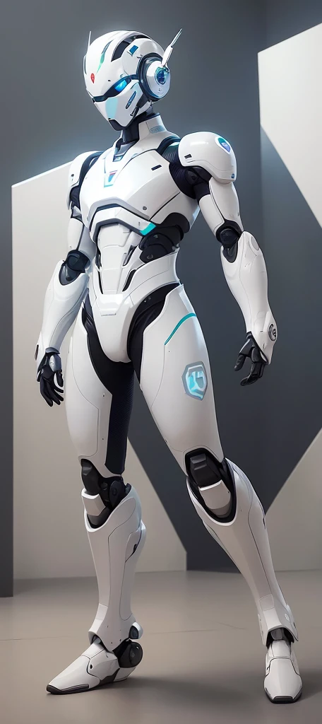 Close-up of a robot standing in a room with walls, in white futuristic armor, echo from overwatch, futuristic robot body, sci - fi suit, sci - fi details, science fiction suit, HEV Suit, neofuturistic highly detailed, energetic varia suit, cybersuit, glossy white armor, SCI - FI Characters, futuristic spacesuit, Modern clean white armor
