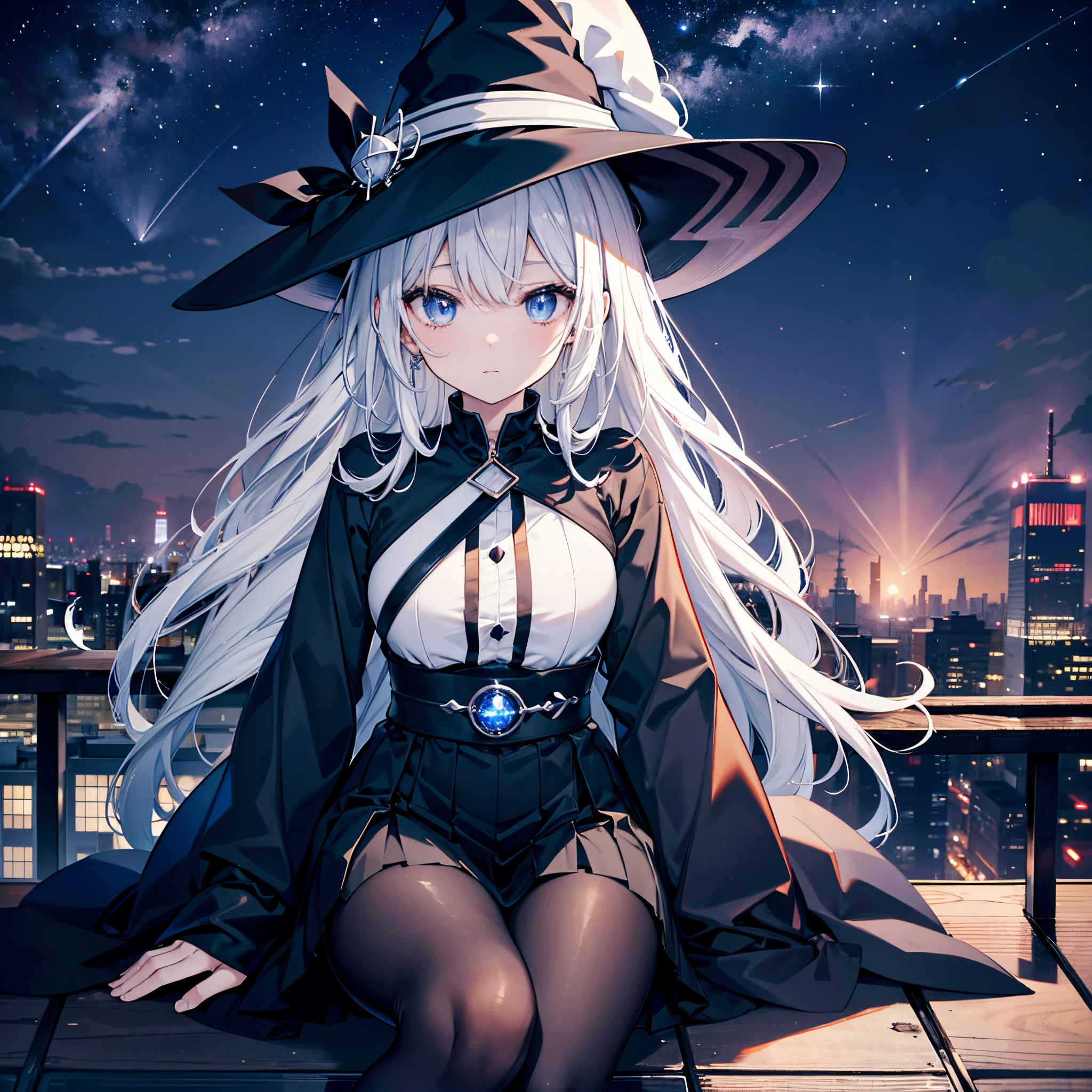 This is the rooftop of a building in Tokyo.、You can see the night view of Tokyo and the lights of Tokyo's port in the background.、I can see a meteor shower、There are two adult women, A and B, leaning on a fence.、A is a woman with white hair wearing a large black witch hat with sapphire accessories、B is a woman with dark brown hair wearing a large black witch hat with garnet accessories、witch's hat、blue eyes、wearing a black coat、White T-shirt 、a black skirt、Black stockings、Black spats、Black sneakers with white shoelaces、Two-dimensional illustration、Japan Anime、drawn by Japanese ilastrator、high-level image quality、4K picture quality、High Quality、hight resolution、5 million pixels、high détails、beatiful backgrounds
