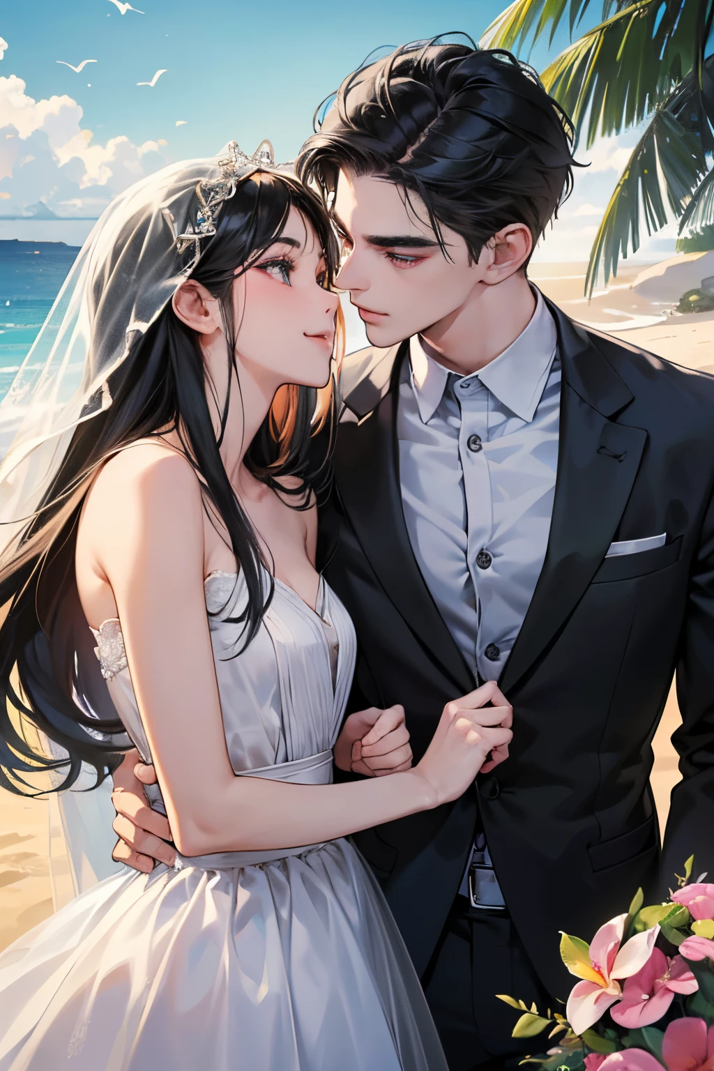 (masutepiece, Digital Art, Digital Illustration, 4K, 8K, Ultra-detailed, beautiful image, Sharp Image, Photorealistic, Raw photo, Perfect face, Perfect lines, Perfect eyes, Soft lighting) ,1 woman, (Long Black Hair,straight haired,Bullish gaze,Beautie,ellegance,Solid makeup,23 y-o woman,small tits:1.3),Two handsome men in suits, (ember,well-muscled,Firm shoulder width,Adult male,Boyish hairstyle,English gentlemanly style,Man in his 30s with a cool expression,28-year-old man with bright smile:1.2),Show white teeth and smile(embarrassed from,Shy smile:1.1),shores,Beach,beach wedding、innocent smiles,Laugh、couple kissing、kiss、the kiss、Romance、weddingdress、Wedding、seaside chapel、veils、Bouquet of plumeria、