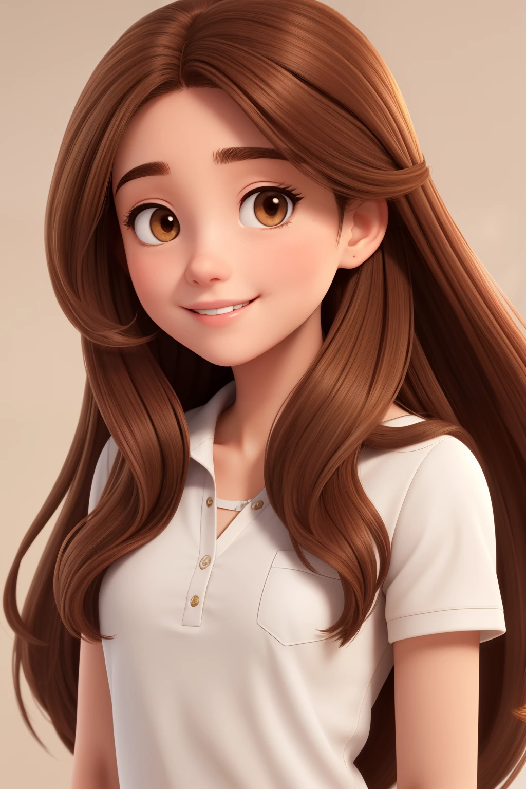 An 18-year-old woman, with long brown hair, round face, charming smile, and brown eyes,
