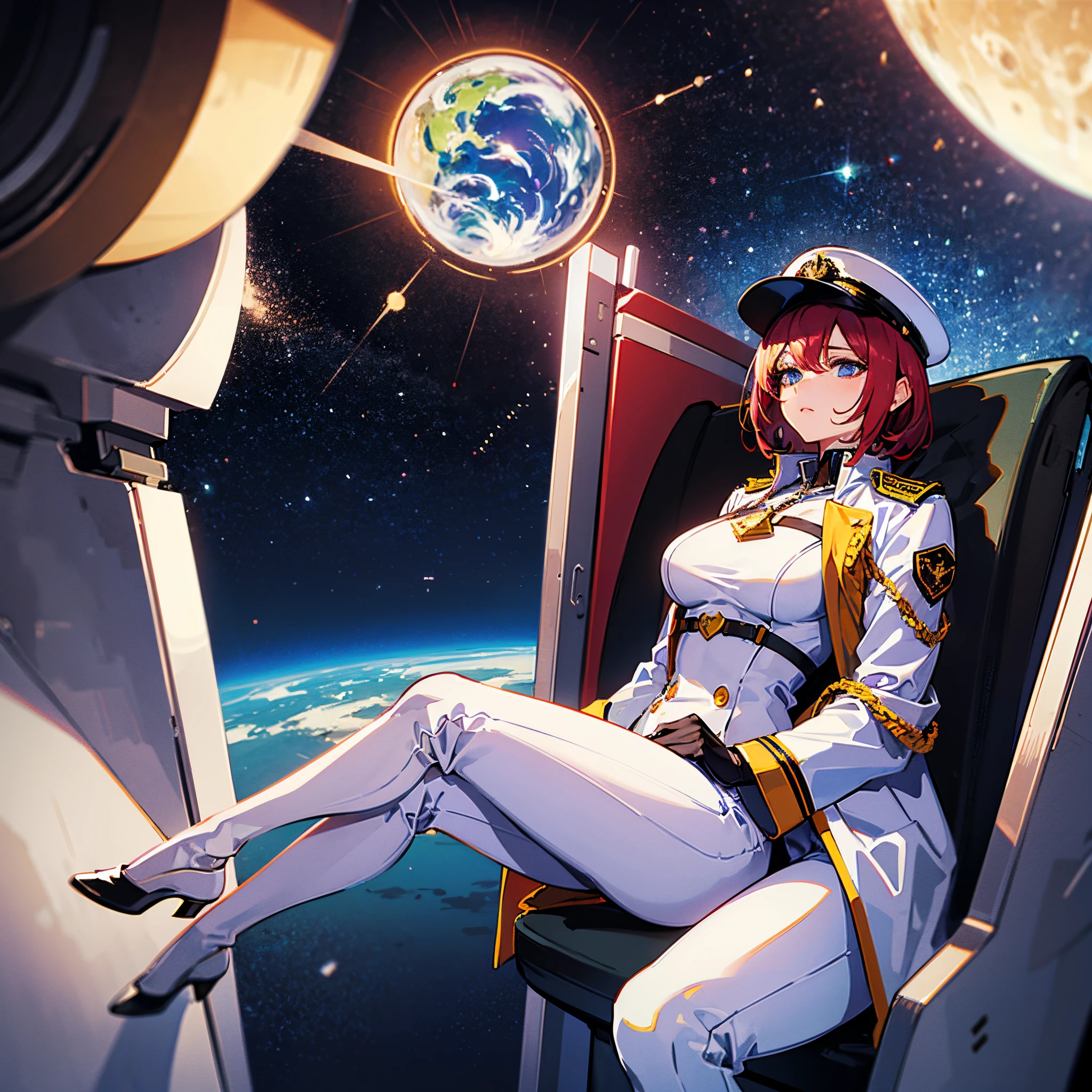 (((masterpiece)))、(((Top image quality)))、(((top-quality)))、(((Illustration of one woman)))、full bodyesbian、Red-haired shorthair、(Thin hair hanging down both sides of the face)、Blue eyes、(((neuter)))、((Tall))、(((Muscular and strong body)))、(((Muscular and strong body)))、((muscular and thick arms))、((muscular and thick legs))、(((manspreading)))、opening legs、((Military uniforms))、((Military Cap))、((Military coat))、(white clothes)、(White pants)、(White cap)、trench coat、((Inside the spaceship、Sitting in the captain's seat))、(Outside the window、kosmos、Earth seen from space、Spaceport)