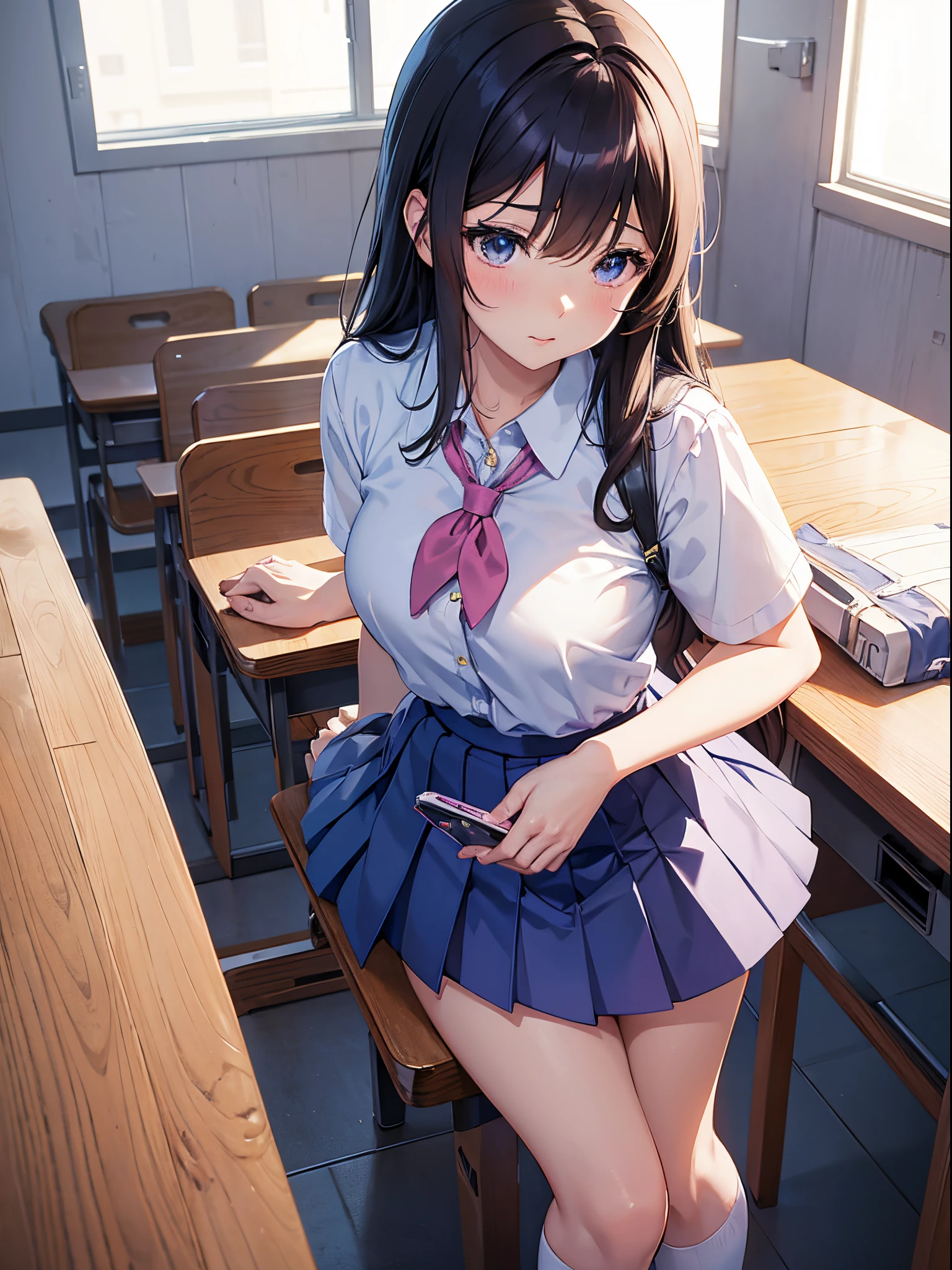 anime girl in school uniform posing in front of desks, anime visual of a cute girl, beautiful anime high school girl, seductive anime girl, marin kitagawa fanart, anime moe artstyle, smooth anime cg art, a hyperrealistic schoolgirl, realistic schoolgirl, hyperrealistic schoolgirl, ayaka genshin impact, hanayamata, clean detailed anime art