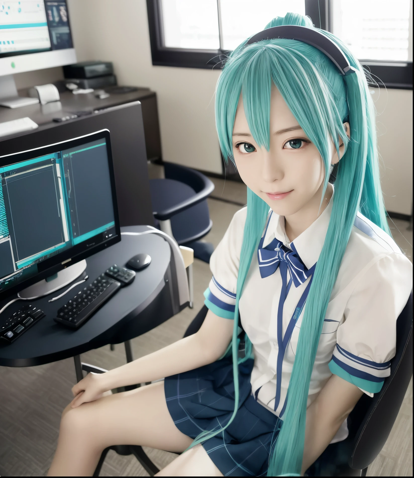 Hatsune Miku wearing student uniform,sitting at computer desk,Use computer to operate editing software,in a special room,1080,Anime style