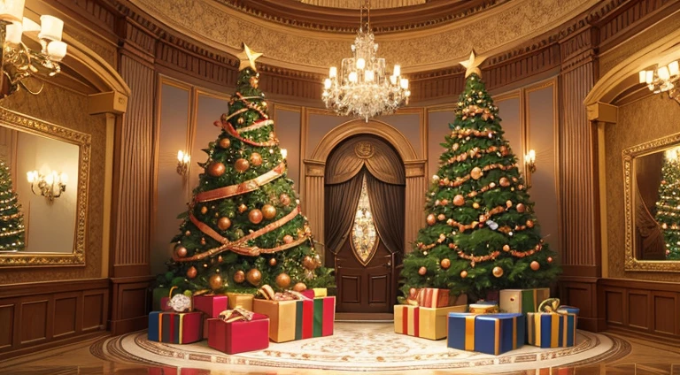 christmas tree,Regalos,foyer,la noche,Cartoon illustration style,Tono retro,(tmasterpiece,arriba Quority,Mejor calidad,Arte oficial,Beauty and Aesthetics extremadamente detallado,(s arte fractal:1.3),extremadamente colorido,More Detailed