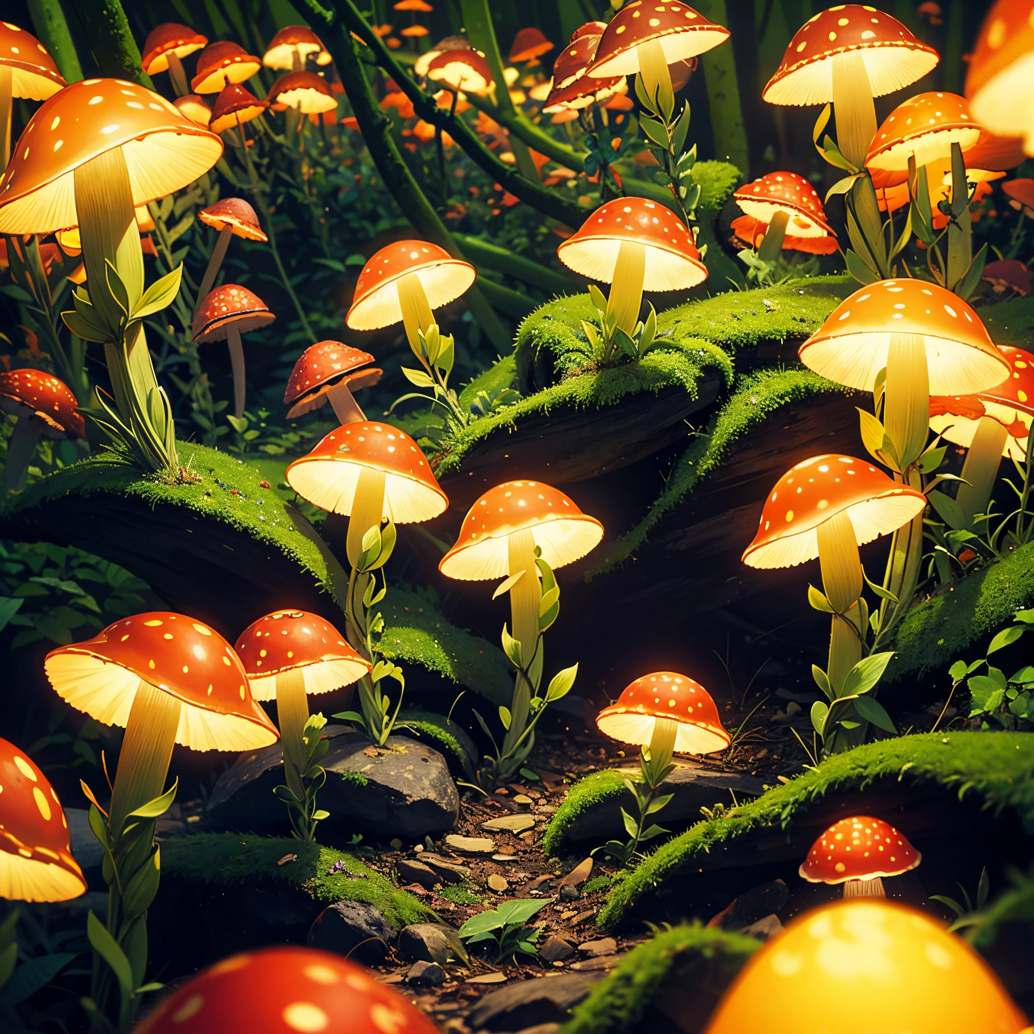 (masterpiece, best quality), best resolution, bioluminescent mushrooms, dark Forest, close up