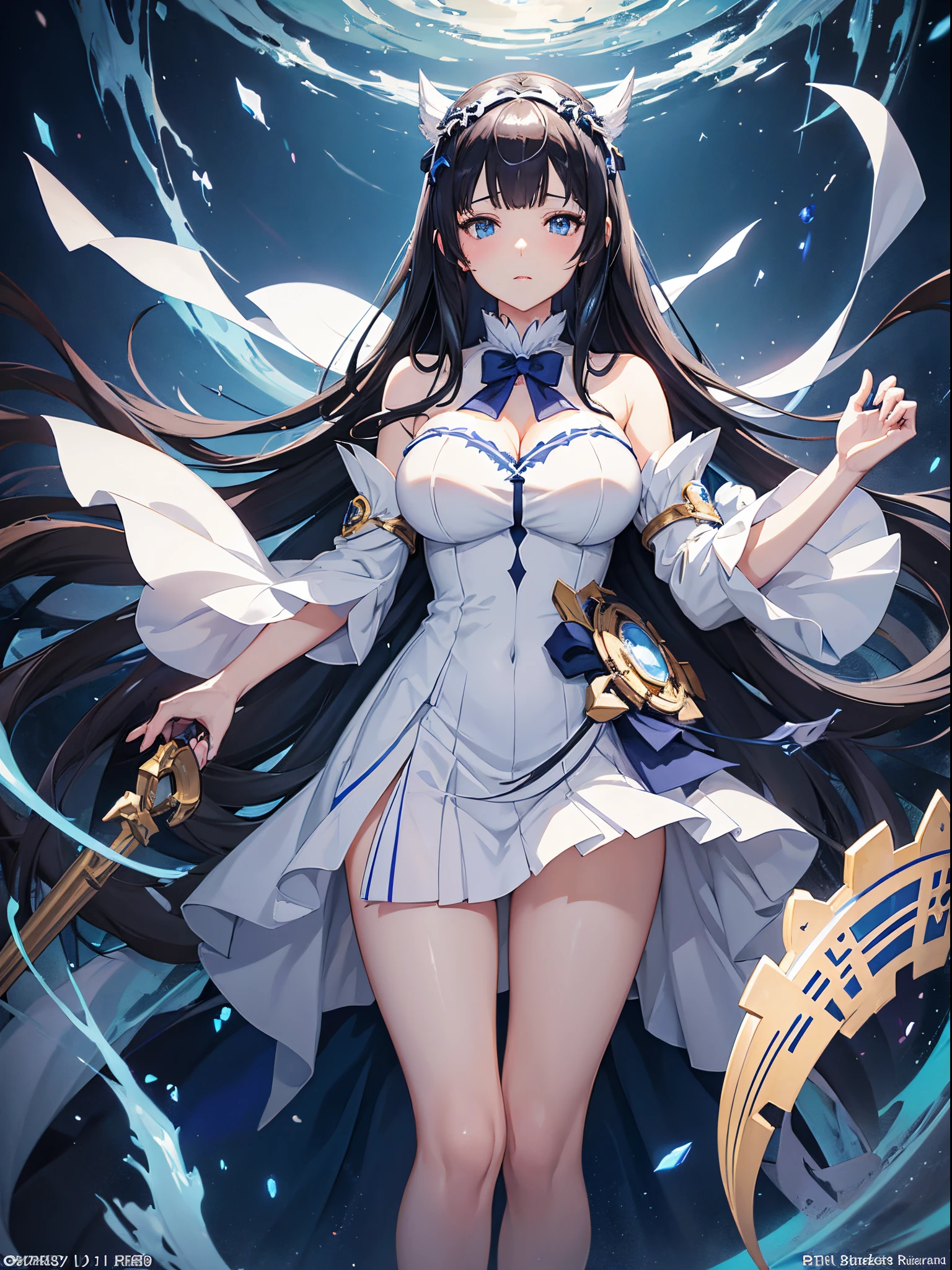 blue hand and thigh wearings, black hair, hair accessories, blue eyes, gold ear decorations, nose, nervous, pale skin, neck, shoulders, small chest, arms, hands emitting energy, thin waist, legs, small thigh, bare round feet, cute, gold stripes on dress, in a sacred palace, standing dominantly, cinematic light, high resolution, highest quality, ultra detailed, detailed face, (detailed eyes), best quality, hyper detailed, masterpiece, (detailed face), clean face, detailed eyes