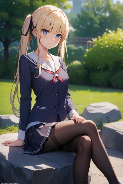 eririspencer, eriri sawamura spencer, blonde hair, blue eyes, blunt bangs, hair ribbon, hime cut, long hair, twintails, full body, full pose, ((medium BREASTS)), happy face, teeth, Grimace, ((sitting on rock)), ((crossed legs)), BREAK black ribbon, black skirt, ((black pantyhose)), pleated skirt, ribbon, school uniform, skirt, zettai ryouiki, BREAK ((looking at viever), ((school shoes)), BREAK, ((playground background)), BREAK (masterpiece:1.2), best quality, high resolution, unity 8k wallpaper, (illustration:0.8), (beautiful detailed eyes:1.6), extremely detailed face, perfect lighting, extremely detailed CG, (perfect hands, perfect anatomy),