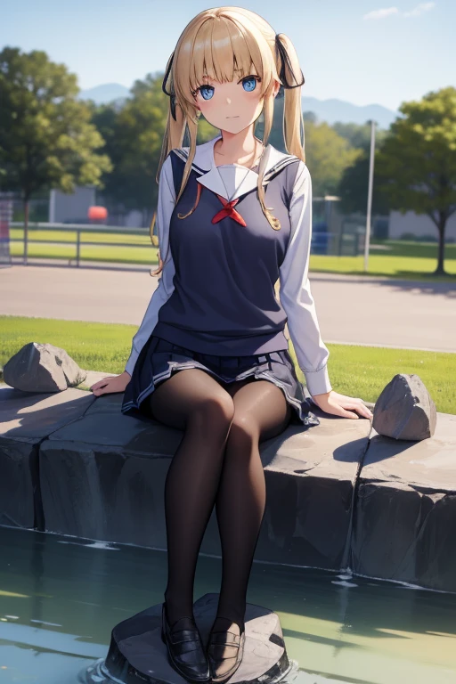 eririspencer, eriri sawamura spencer, blonde hair, blue eyes, blunt bangs, hair ribbon, hime cut, long hair, twintails, full body, full pose, ((medium BREASTS)), happy face, teeth, Grimace, ((sitting on rock)), ((crossed legs)), BREAK black ribbon, black skirt, ((black pantyhose)), pleated skirt, ribbon, school uniform, skirt, zettai ryouiki, BREAK ((looking at viever), ((school shoes)), BREAK, ((playground background)), BREAK (masterpiece:1.2), best quality, high resolution, unity 8k wallpaper, (illustration:0.8), (beautiful detailed eyes:1.6), extremely detailed face, perfect lighting, extremely detailed CG, (perfect hands, perfect anatomy),