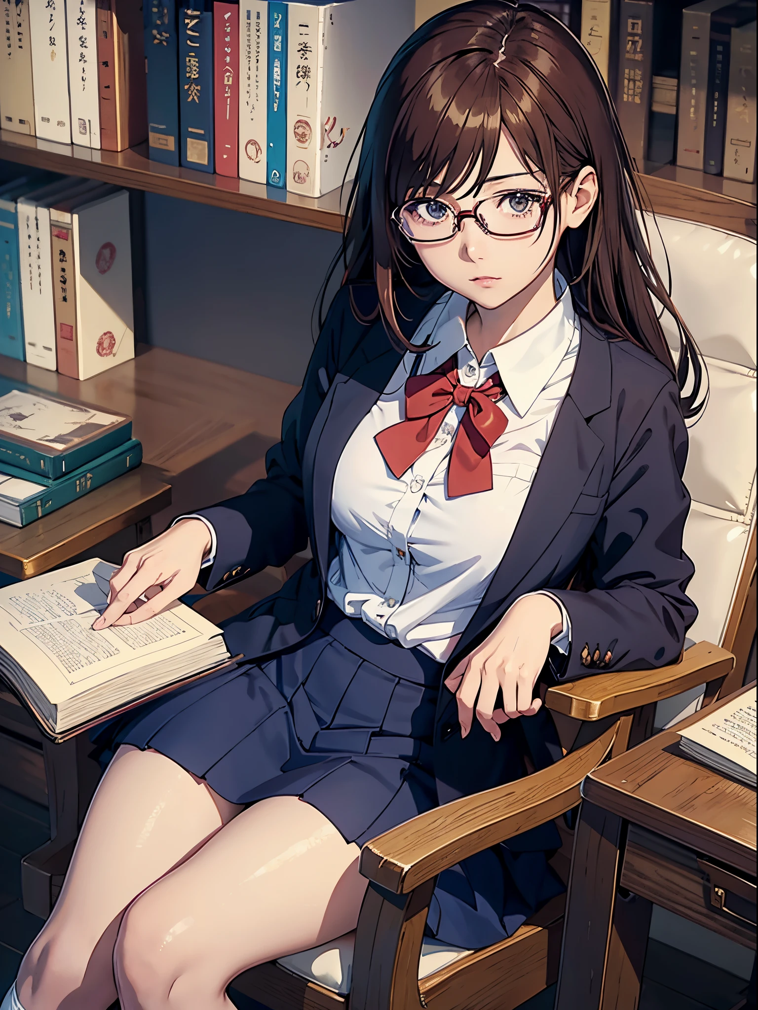 anime girl with glasses sitting in a chair with a book, anime visual of a cute girl, seductive anime girl, (sfw) safe for work, anime visual of a young woman, sakimi chan, anime moe artstyle, with glasses, marin kitagawa fanart, nishimiya shouko, realistic schoolgirl, attractive anime girl