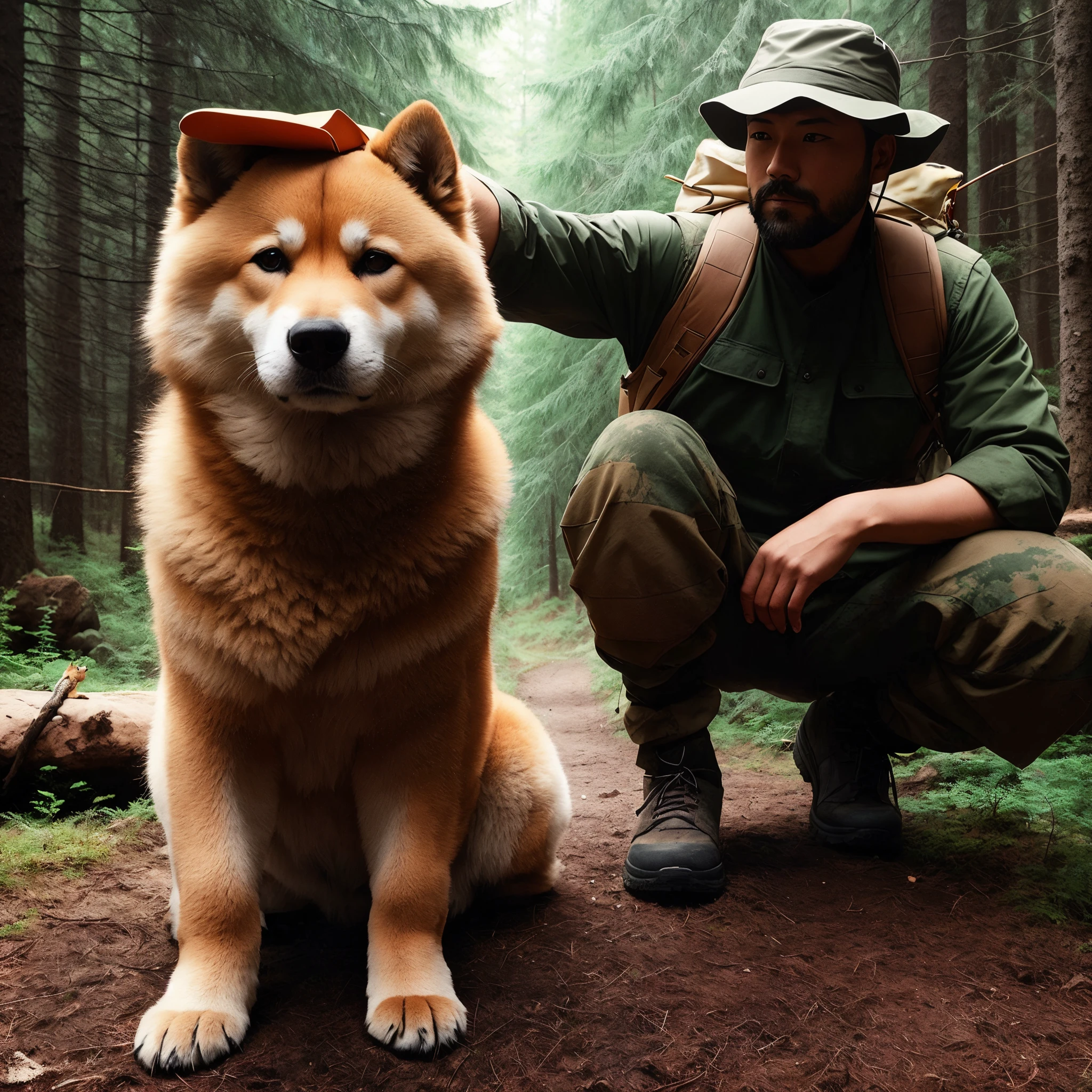 There is a man kneeling in the forest with his dog., shibu inu, inspired by Shiba Kōkan, koda kazuma, Inspired by the taiga of the pond, photo manipulation, doge, japanese dog, still from live action movie, tuomas korpi and wlop, kaisa, with his hyperactive little dog