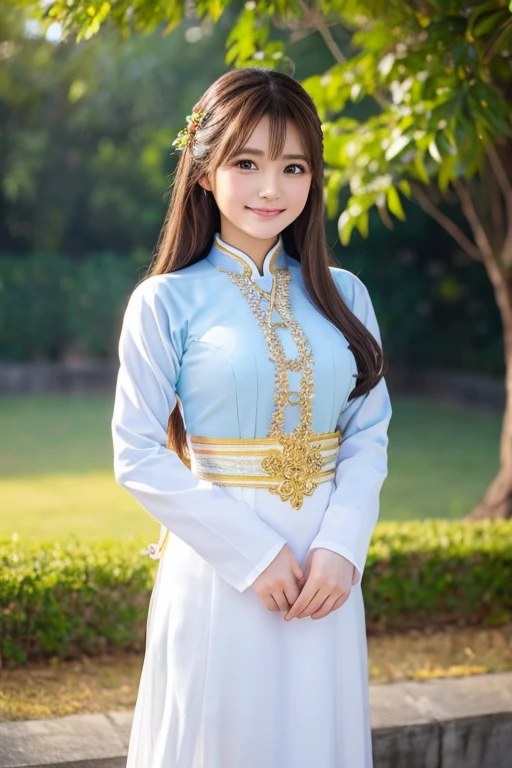 The cutest girl who works as a gravure idol、with shiny brown hair、Attractive people wearing Vietnam's national costume Ao Dai。She smiled confidently.、Facing the camera in a professional pose。her fashion and expressions、A perfect balance between cuteness and elegance、It draws the viewer in and doesn't let go.。Through this scene、Express her charm to the fullest。"