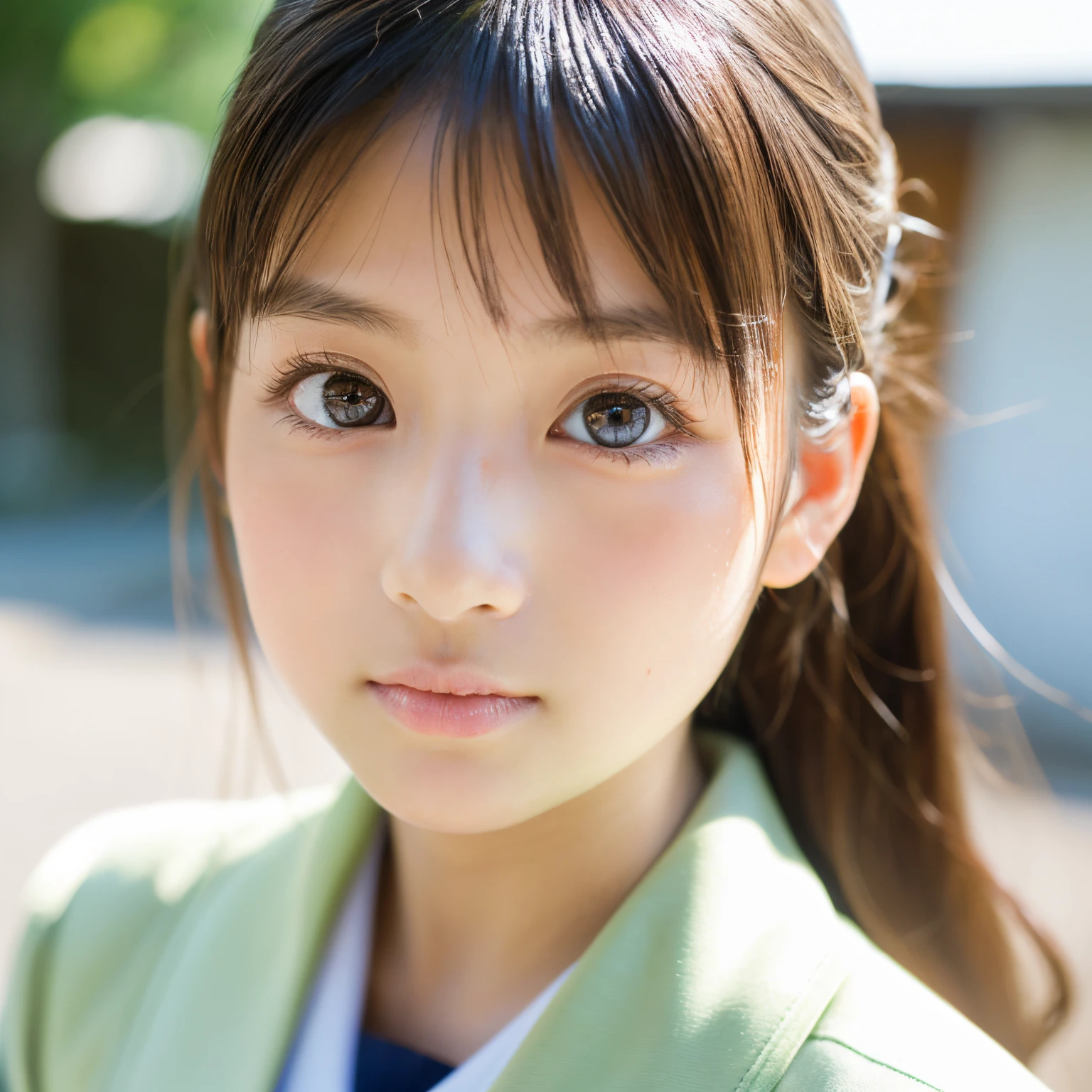 Lens 135mm f1.8,(Best Quality),(masutepiece:1.1), (Beautiful 12 year old Japan girl), (moist lips), Slender eyes, double-edged eyelid,
(Look at another one:1.2), (close-up:1.4), shame, Faint smile,
(Dappled sunlight:1.2), Dramatic Lighting,
(Japan school uniform), (skin tanned:0.7),(upward-eyed),