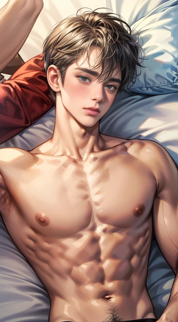 (masterpiece best quality 8k ultra-detailed:1.5) ultra realistic, ((solo male, lie on one’s back, muscular handsome embarrassed blush)) (((perfect face,perfect eyes))) (topless) (short hair),(underwear, big bulge) shiny skin tan skin,extreme detailed