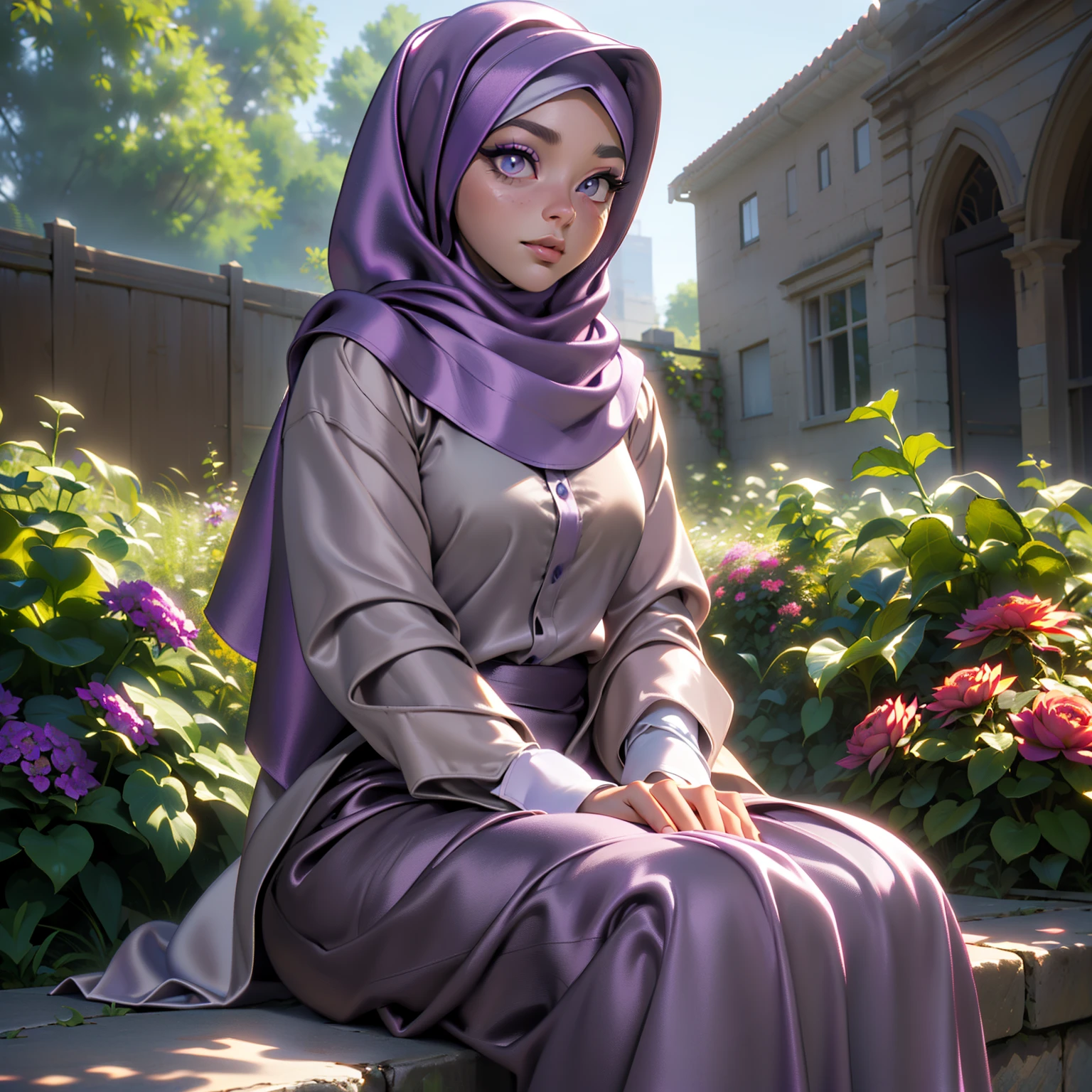 3dmm style, ((Masterpiece, best quality, photography, detailed skin, realistic, photo-realistic, 3D Character Design, pixar, real cartoon, 8k, highly detailed, full length frame, High detail RAW color art, diffused soft lighting, shallow depth of field, sharp focus, hyperrealism, cinematic lighting, ((close up)) hijab, a woman in a beautifully makeup, (purple eyeshadow), brown beautiful big eyes, long eye lashes, wearing ((Gray satin hijab)), loosely tide hijab style, ((satin shirt)), satin long maxi skirt, sitting in the garden, outdoors