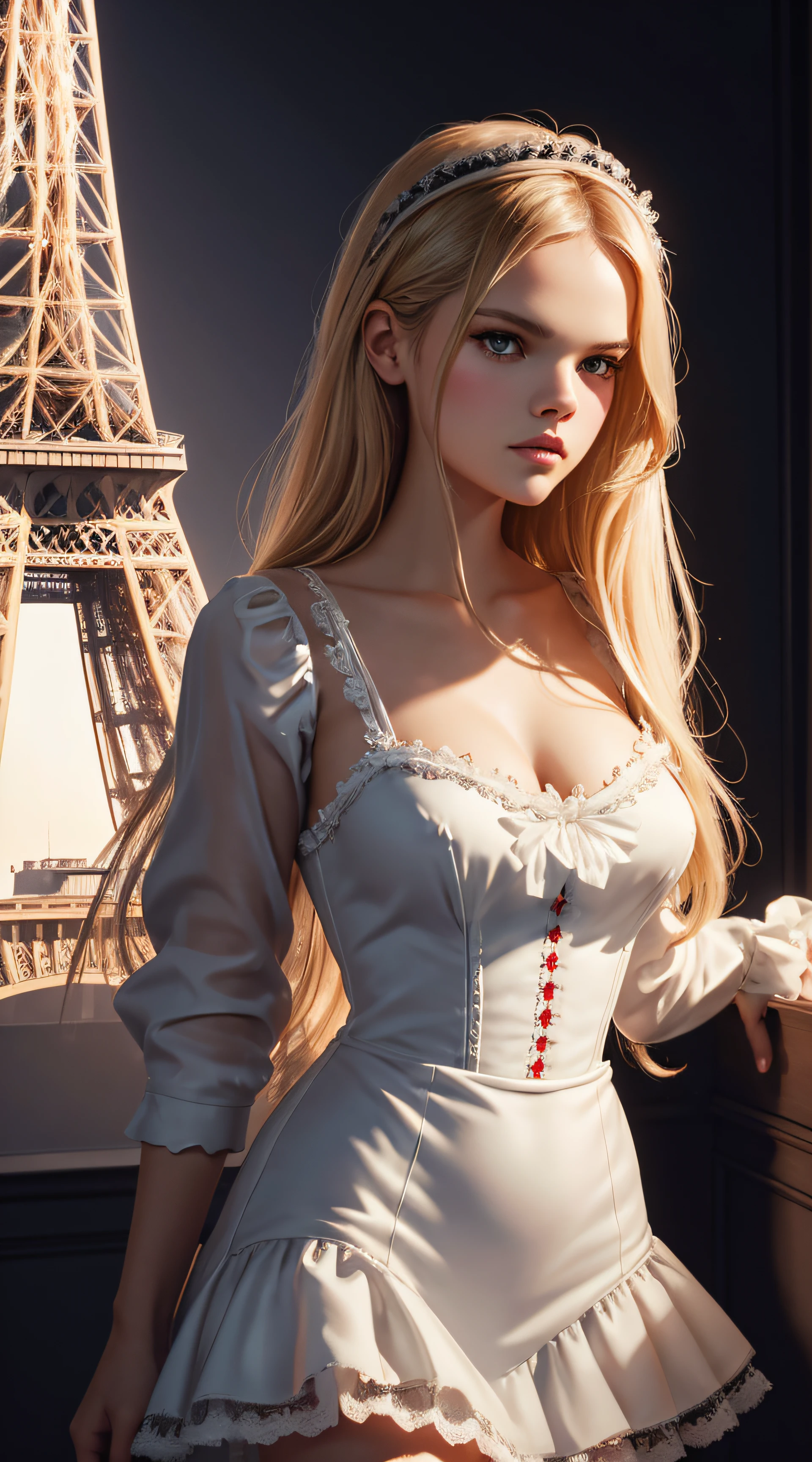 Gabriella Wilde, french maid sexy clothes, stand in front of the Eiffel Tower, character portrait, 3 9 9 0 s, long hair, intricate, elegant, highly detailed, digital painting, artstation, concept art, smooth, sharp focus, illustration, art by wlop, charlie bowater and alexandra fomina
