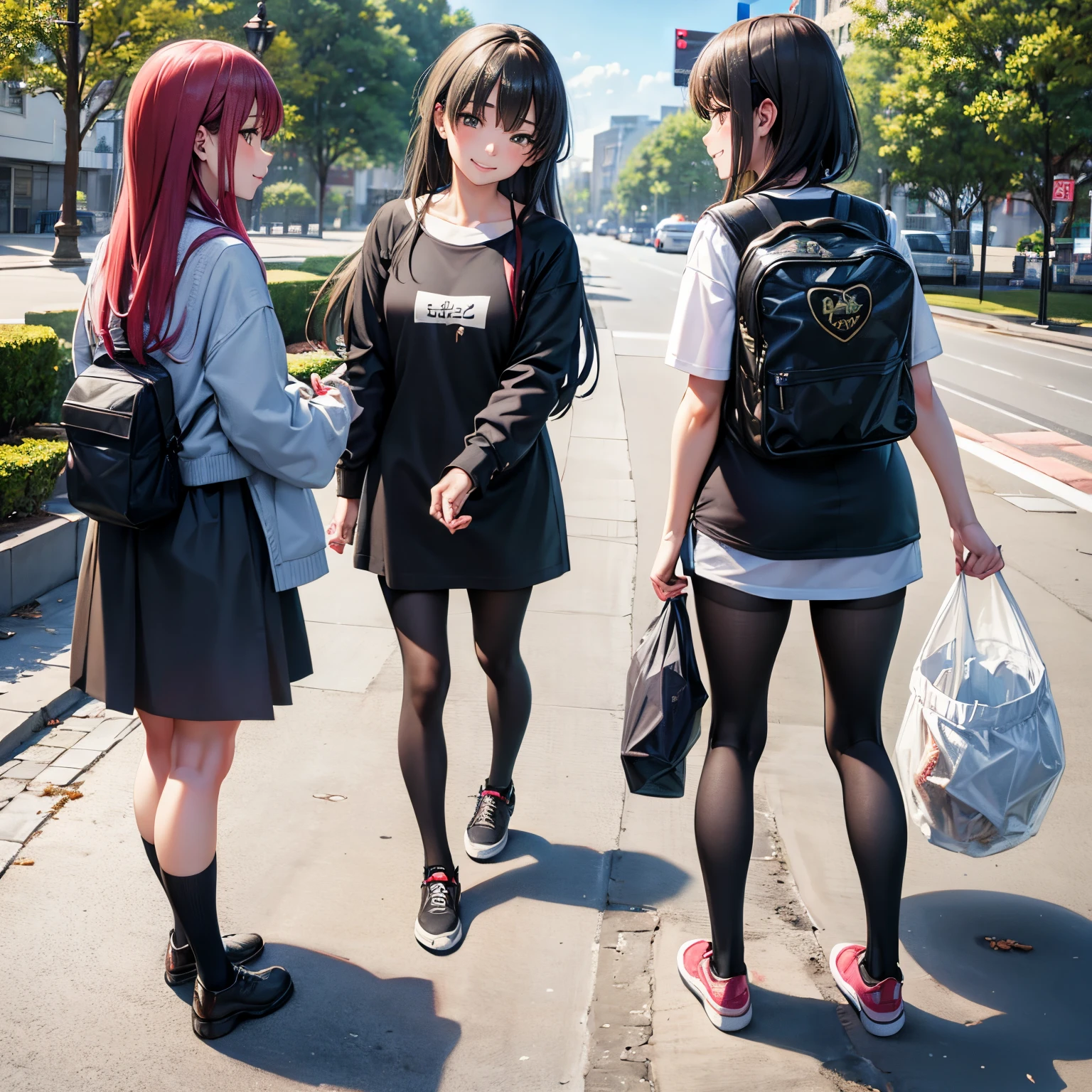 Two beautiful students picking up trash、a park、 A smile 、woman with garbage bag、Bend down、full body focus、Jersey