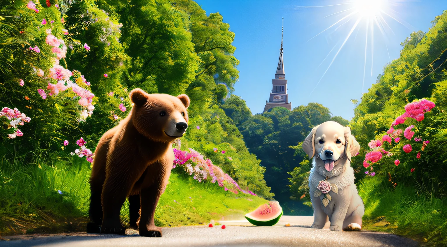 There are some pieces of watermelon and watermelon rinds on the road，puppy shadow