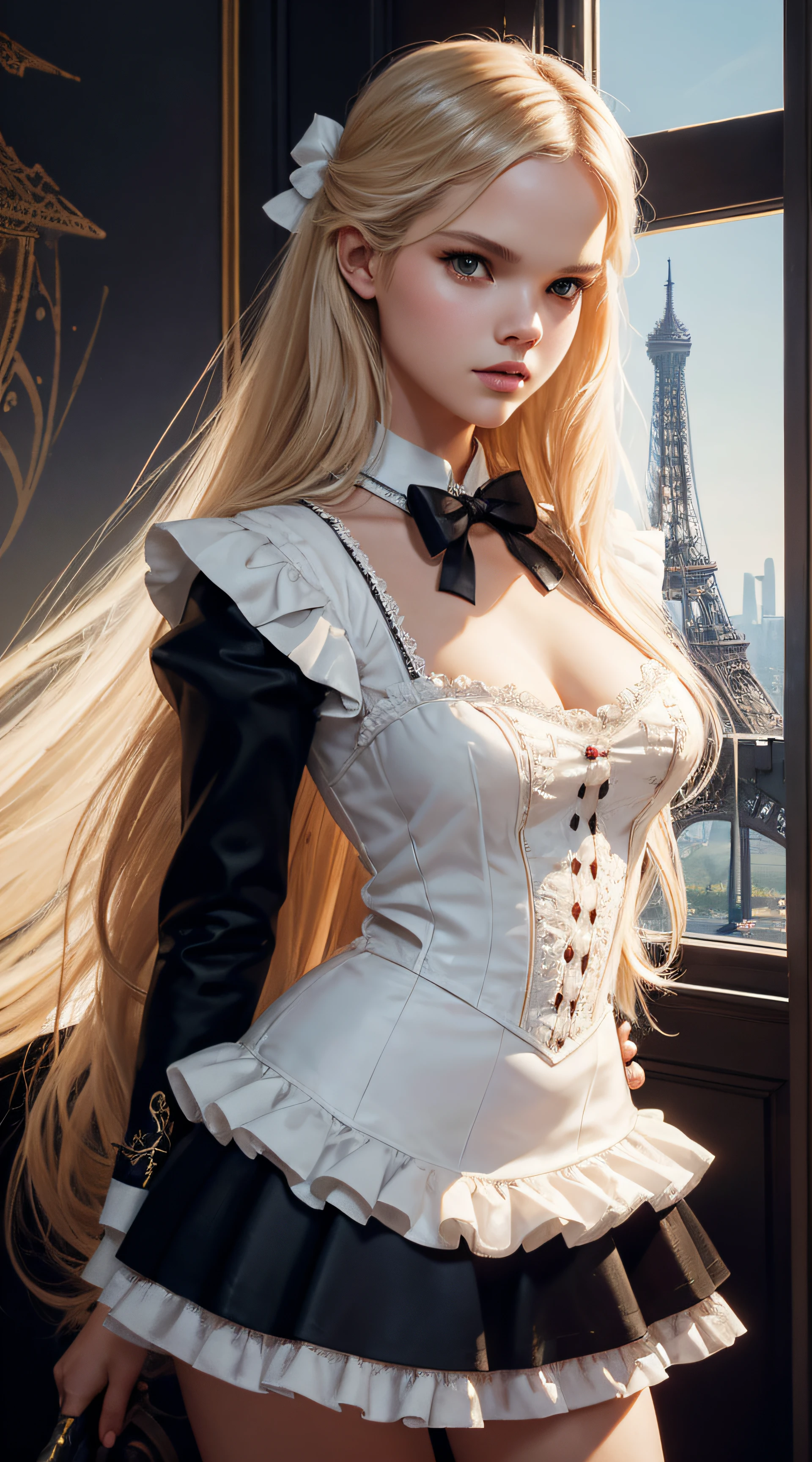 Gabriella Wilde, french maid sexy clothes, stand in front of the Eiffel Tower, character portrait, 3 9 9 0 s, long hair, intricate, elegant, highly detailed, digital painting, artstation, concept art, smooth, sharp focus, illustration, art by wlop, charlie bowater and alexandra fomina