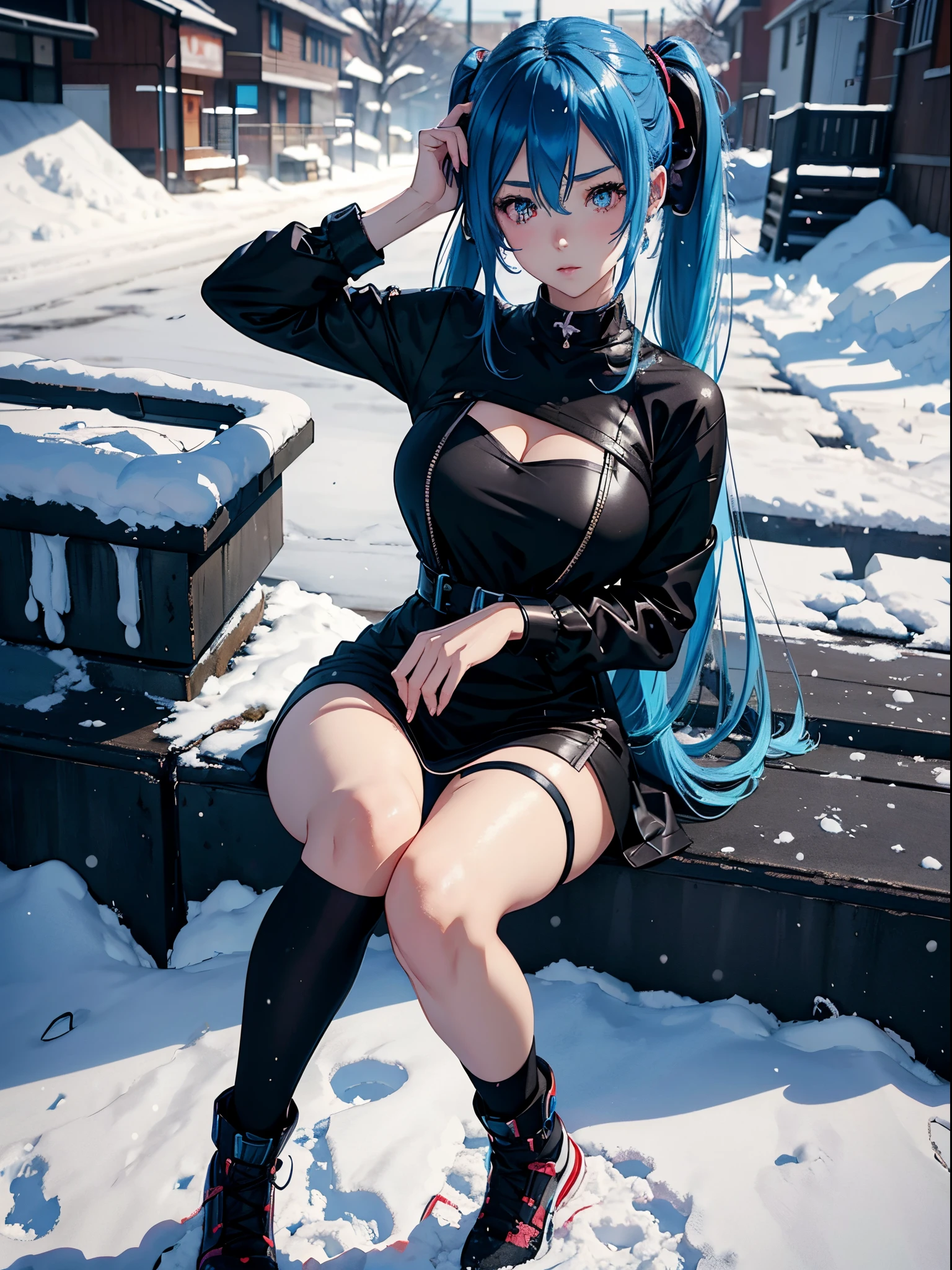 anime girl with blue hair and black top in the snow, anime visual of a cute girl, seductive anime girl, anime style. 8k, anime style 4 k, attractive anime girl, anime moe artstyle, anime visual of a young woman, anime styled 3d, artwork in the style of guweiz, anime girl wearing a black dress