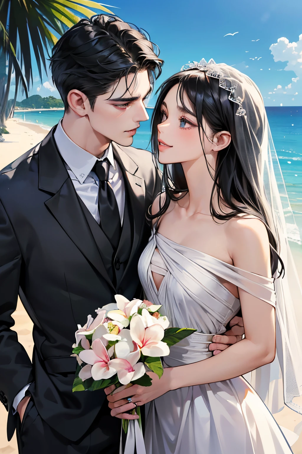 (masutepiece, Digital Art, Digital Illustration, 4K, 8K, Ultra-detailed, beautiful image, Sharp Image, Photorealistic, Raw photo, Perfect face, Perfect lines, Perfect eyes, Soft lighting) ,1 woman, (Long Black Hair,straight haired,Bullish gaze,Beautie,ellegance,Solid makeup,23 y-o woman,small tits:1.3),Two handsome men in suits, (ember,well-muscled,Firm shoulder width,Adult male,Boyish hairstyle,English gentlemanly style,Man in his 30s with a cool expression,28-year-old man with bright smile:1.2),Show white teeth and smile(embarrassed from,Shy smile:1.1),shores,Beach,beach wedding、innocent smiles,Laugh、couple kissing、kiss、the kiss、Romance、weddingdress、Wedding、seaside chapel、veils、Bouquet of plumeria、