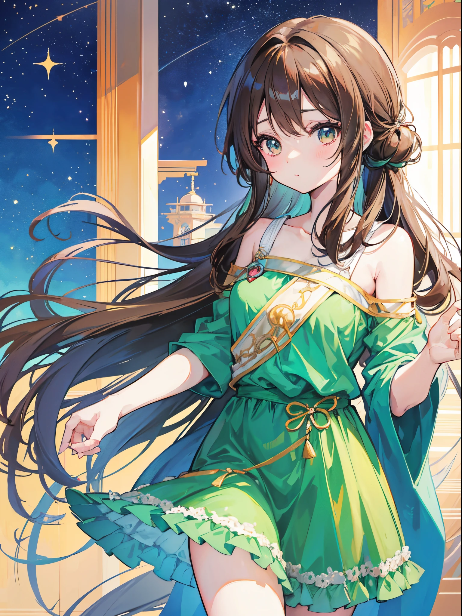anime girl with long brown hair wearing green top and blue shorts, anime visual of a cute girl, cute anime waifu in a nice dress, beautiful anime girl, pretty anime girl, cute anime girl, (anime girl), loli in dress, attractive anime girl, anime best girl, anime girl with long hair, an anime girl, beautiful anime portrait, beautiful anime woman