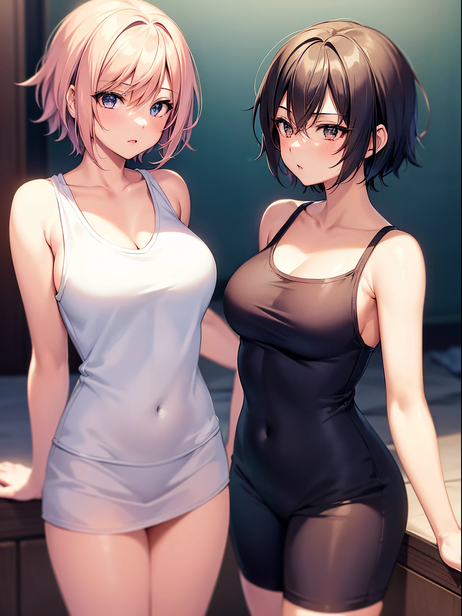 anime girl with short hair and white tank top looking at her reflection, with short hair, anime visual of a cute girl, seductive anime girl, pin on anime, attractive anime girl, clean detailed anime art, girl portrait, smooth anime cg art, artwork in the style of guweiz, profile of anime girl, an anime girl, beautiful anime girl