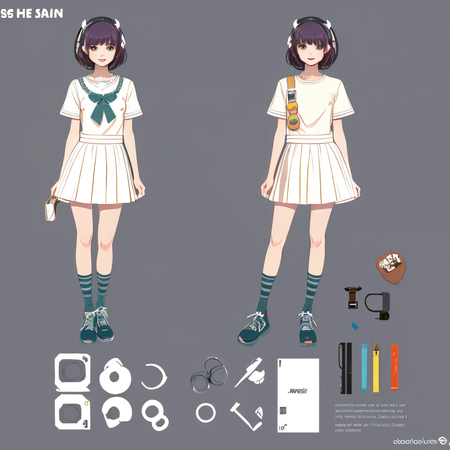 full body illustration　kawaii　girl with　bob