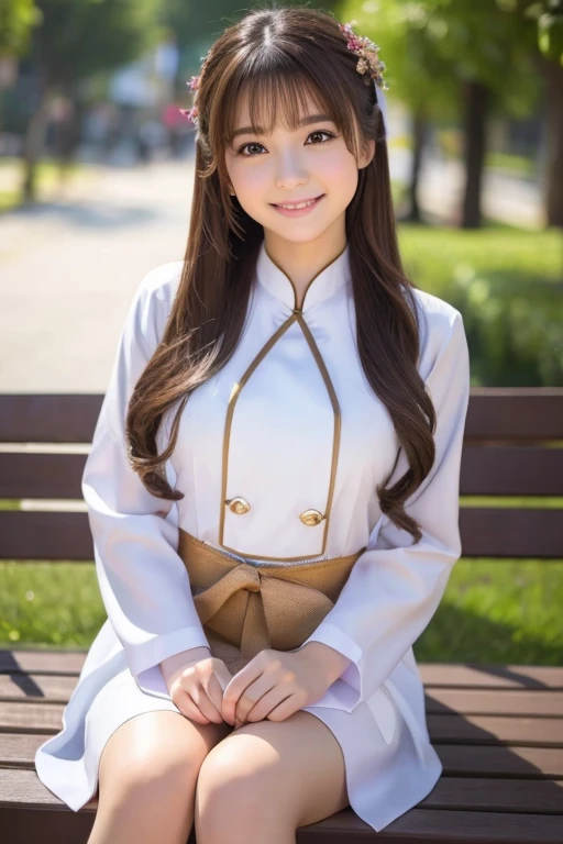 The cutest girl who works as a gravure idol、with shiny brown hair、Sitting on a bench wearing Vietnamese national costume Ao Dai and looking fascinated。She smiled confidently.、Facing the camera in a professional pose。her fashion and expressions、A perfect balance between cuteness and elegance、It draws the viewer in and doesn't let go.。Through this scene、Express her charm to the fullest。"