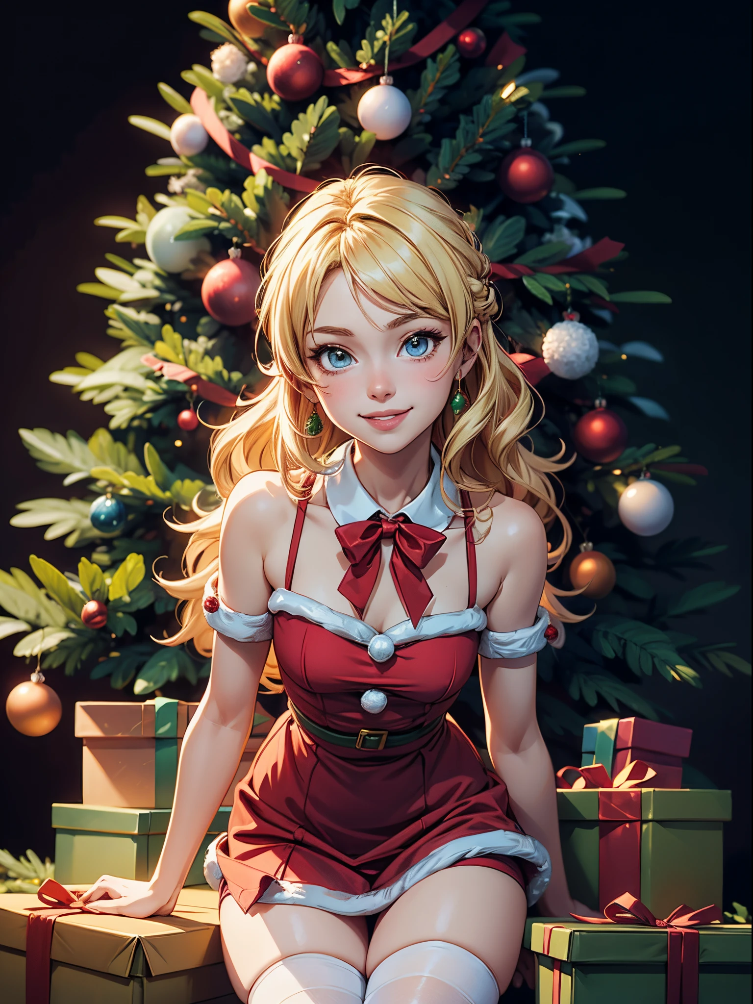 Anime beauty wearing Christmas clothes, smiling, Christmas tree, bright, blond hair, stockings, ((Super HD)), extreme details, flat painting, 2d