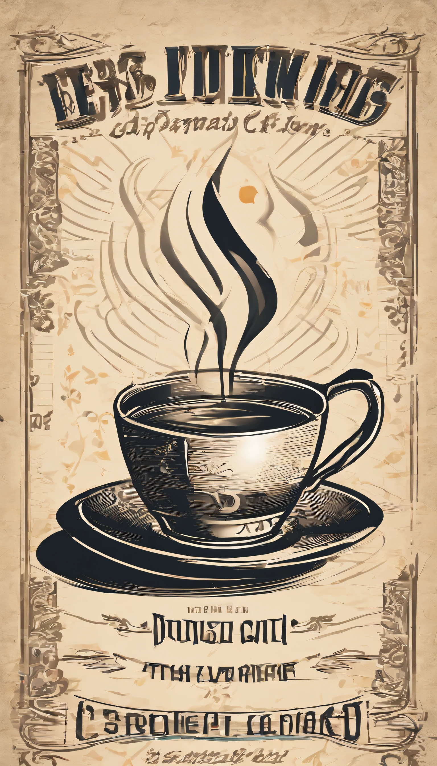(Best quality,monochrome,high resolucion:1.2),Des lignes nettes,Illustrations de style affiche de different sortes de café de different tailles et shapes,simple & typography élégante in English or in French,subtils accents orange sur fond blanc crème,Esthétique vintage inspiration from the affiches ancients, texture de papier vieillie, bords évanouis, aspect used
