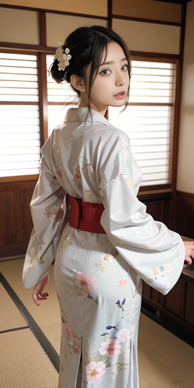 (masutepiece, Best Quality:1.4), Beautiful face, 8K, 85 mm, absurderes, ((full length body shot:1.3))、((Taken from behind looking straight ahead:1.4))、((traditional Japanese room、With futon))、(Floral pattern long-sleeved kimono:1.4), violaceaess, gardeniass, Delicate girl, Solo, layered haircut style、Night, Looking at Viewer, Upper body, Film grain, chromatic abberation, Sharp Focus, face lights, Professional Lighting, Sophisticated, (Smile:0.4), (Simple background, Bokeh background:1.2), Detail Face、terrified expression、shout