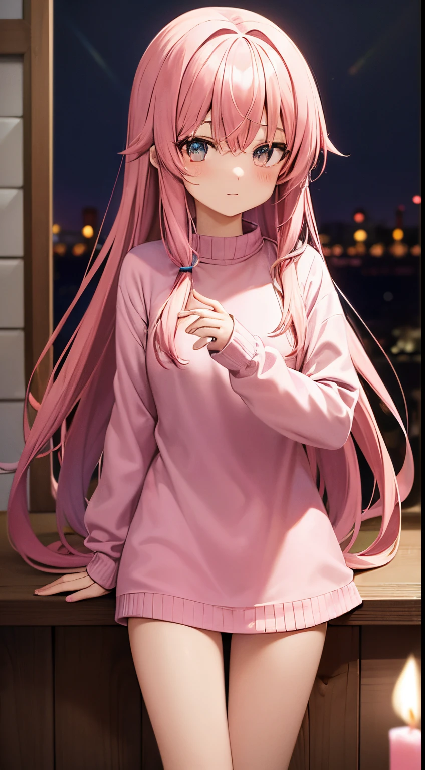 Cute anime girl, long pink hair, blue-pink gradient eyes, pink sweater, pink short skirt, blue and green striped thigh socks, nighttime, in a dark wooden house, wooden walls, candle lights, very dark, cheerful party girl