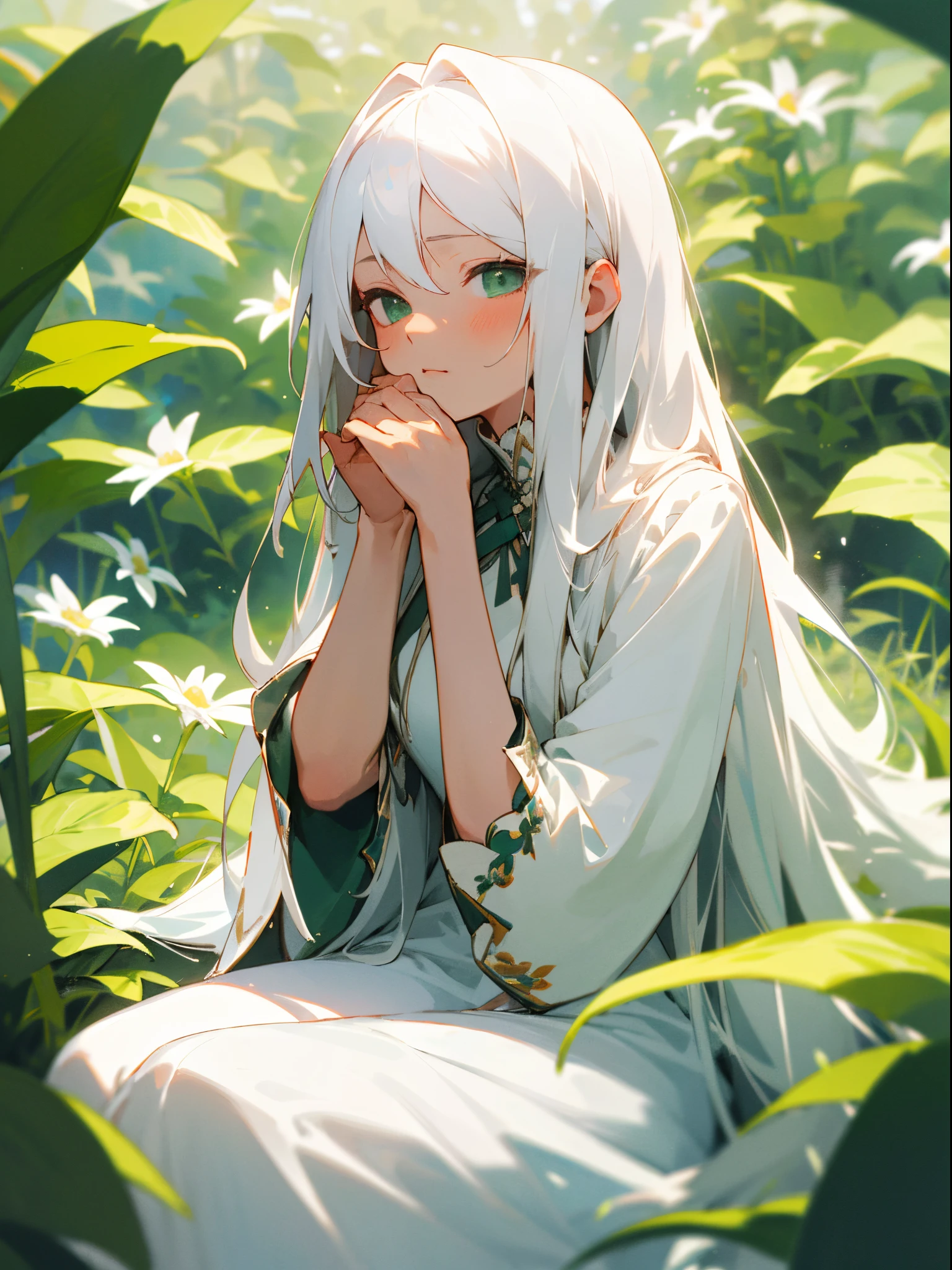 (masterpiece, best quality),1girl with long white hair sitting in a field of green plants and flowers, her hand under her chin, warm lighting, white dress, blurry foreground