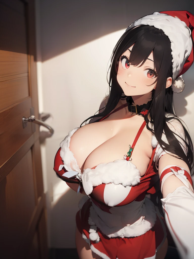 ultra-quality, ultla highres, Hyper Detailed, High contrast, Ultrafine Strike, creative refinement,A dark-haired,ssmile,Santa Claus Costume,Show cleavage,livingroom,5 fingers
