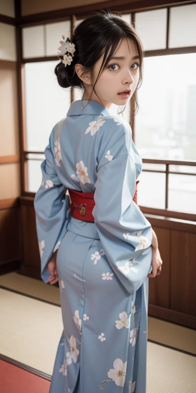 (masutepiece, Best Quality:1.4), Beautiful face, 8K, 85 mm, absurderes, ((full length body shot:1.3))、((Taken from behind looking straight ahead:1.4))、((traditional Japanese room、With futon))、(Floral pattern long-sleeved kimono:1.4), violaceaess, gardeniass, Delicate girl, Solo, layered haircut style、Night, Looking at Viewer, Upper body, Film grain, chromatic abberation, Sharp Focus, face lights, Professional Lighting, Sophisticated, (Smile:0.4), (Simple background, Bokeh background:1.2), Detail Face、((terrified expression、Shout:1.4))
