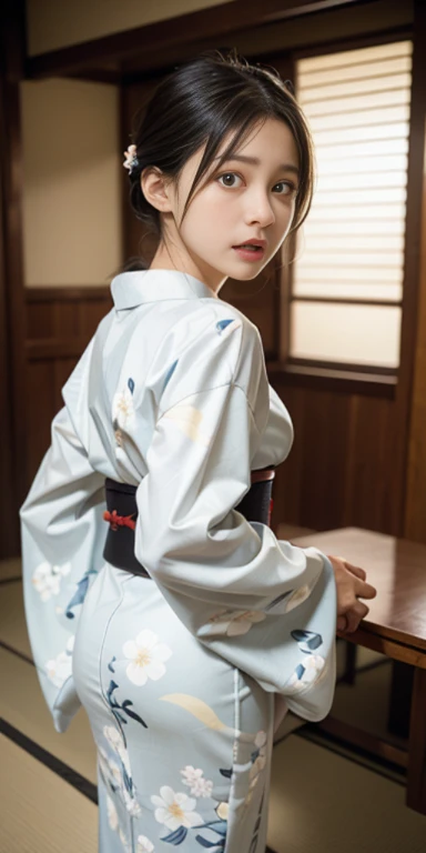 (masutepiece, Best Quality:1.4), Beautiful face, 8K, 85 mm, absurderes, ((full length body shot:1.3))、((Taken from behind looking straight ahead:1.4))、((traditional Japanese room、With futon))、(Floral pattern long-sleeved kimono:1.4), violaceaess, gardeniass, Delicate girl, Solo, layered haircut style、Night, Looking at Viewer, Upper body, Film grain, chromatic abberation, Sharp Focus, face lights, Professional Lighting, Sophisticated, (Smile:0.4), (Simple background, Bokeh background:1.2), Detail Face、((terrified expression、Shout:1.4))