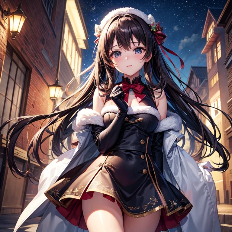 top-quality, hight resolution, 8K images,best qualtiy,hight resolution、A woman who is cute no matter who sees her、Tsundere、Highly detailed CG Unity 8K wallpapers,1girl in, 独奏, A dark-haired, Anime Shoujo Solo、 Absolute area、Looking at the camera、(Illustration ratio:1.1)、is standing、illuminations、Winters、hight resolution、foco nítido、gloves、Christmas tree、natta、kou