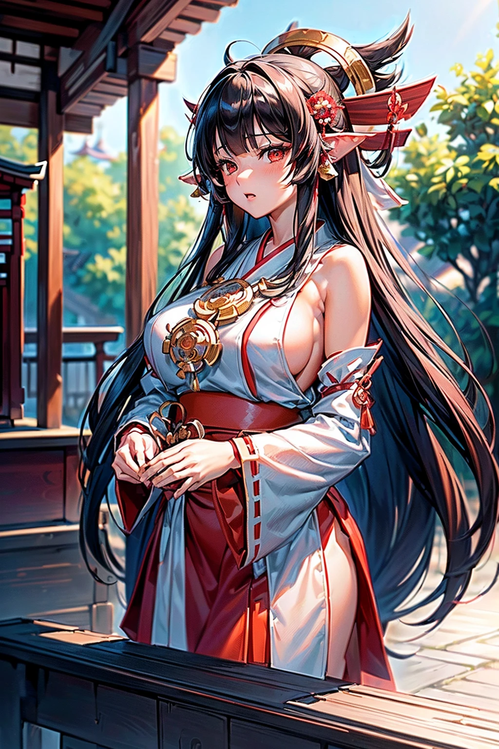 miko,huge breasts,long hair,blunt bangs,black hair,tareme,((masterpiece)), ((best quality)), ((highest quality)), ((ultra-detailed)), ((8k cg wallpaper)), ((extremely delicate and beautiful)), ((illustration)), ((1girl, solo)), ((shrine maiden outfit)), ((miko)), ((red skirt)), ((red hakama)),