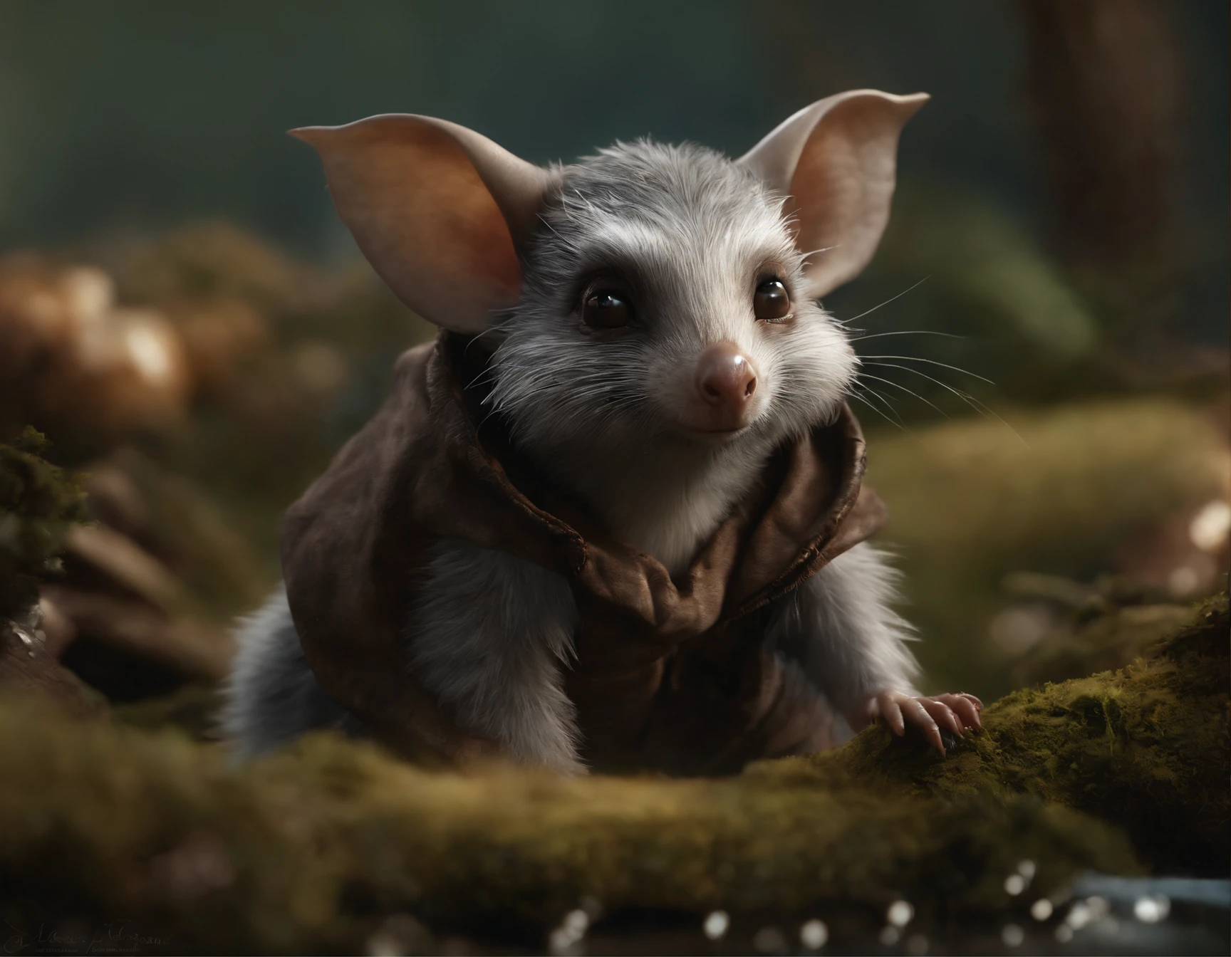(CBZBB:1.25), ((gremlin),Zhkute, Small, baby, Beautiful, Fantasy art, deviant art, trending artstation, Digital Art, Detailed, Realistic, humanoid, character, tiny, Cinematic shot, cinematic portrait of a mole ,gremlin, mole-like, bright silver and brown, long tail, large ears, covered with silver fur, water, stands on the shore, Best Quality, Masterpiece, in style of dark fantasy art, gremlin, mole-like, bright silver and brown, long tail, double nose, huge ears, covered with silver fur,tousled, five toes on each paw, holding a huge acorn in his paws, I'm standing in a forest clearing under the foliage of bast., acorns lie in the clearing, acorns glow, Crickets fly, Best Quality, Masterpiece, in style of dark fantasy art, fantasy-inspired, in the style of John Tolkien,