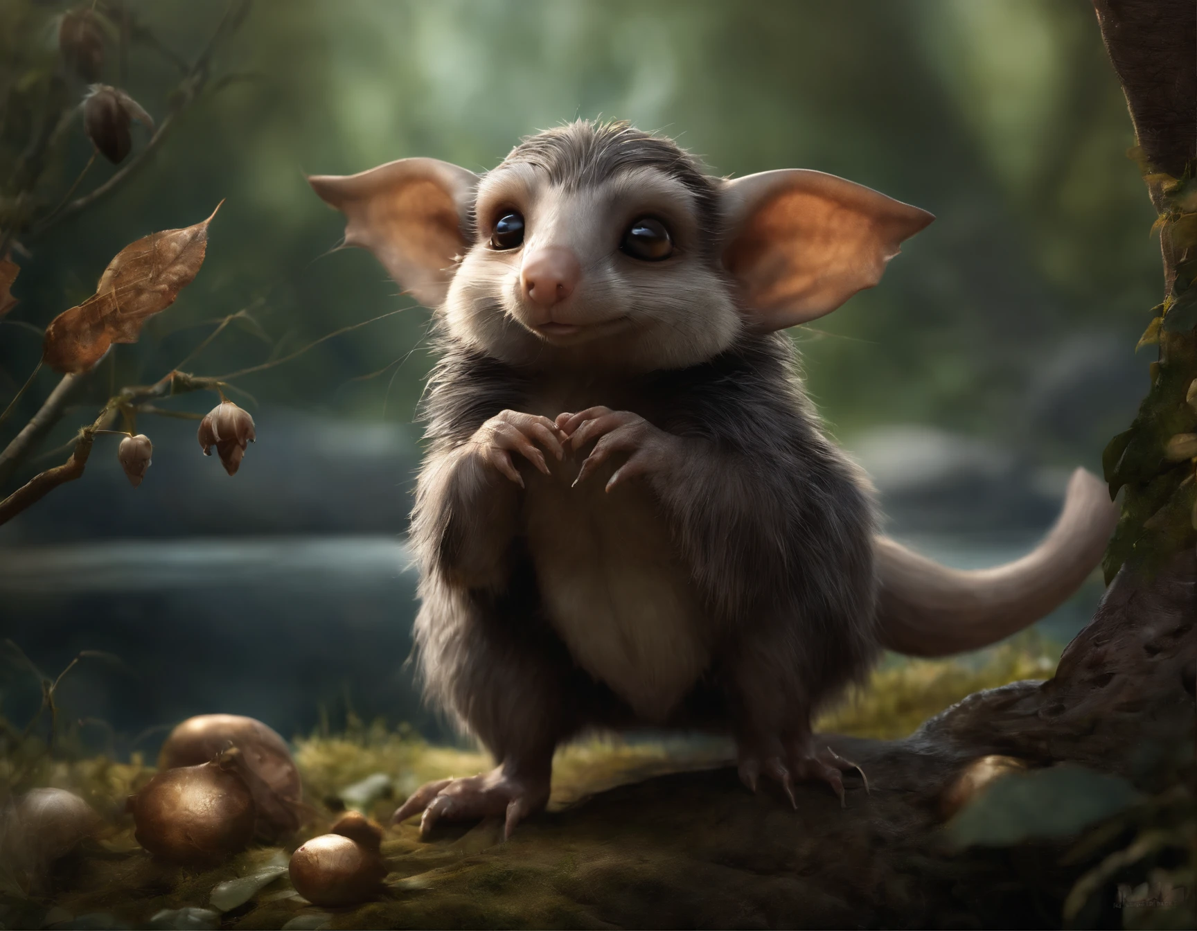 (CBZBB:1.25), ((gremlin),Zhkute, , Beautiful, Fantasy art, deviant art, trending artstation, Digital Art, Detailed, Realistic, humanoid, character, tiny, Cinematic shot, cinematic portrait of a mole     ,gremlin, mole-like, bright silver and brown, long tail, large ears, covered with silver fur, water, stands on the shore, Best Quality, Masterpiece, in style of dark fantasy art, gremlin, mole-like, bright silver and brown, long tail, double nose, huge ears, covered with silver fur,tousled, five toes on each paw, holding a huge acorn in his paws, I&#39;m standing in a forest clearing under the foliage of bast., acorns lie in the clearing, acorns glow, Crickets fly, Best Quality, Masterpiece, in style of dark fantasy art, fantasy-inspired, in the style of John Tolkien,