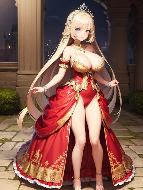 ultra-detailed, extremely detailed,((anime artstyle)),Masterpiece,(Best Quality),(Super Detail),(Very Delicate and Beautiful),((Solo)),(((full body))),full body,((detailed face and eyes)),perfect eyes, rendered eyes,jewel-like beautiful eyes,((1 princess in beautiful embroidery and jeweled gorgeous rococo ballgown with frilled voluminous full length hoop skirt)),((Crinoline)),beautiful embroidery and jeweled gorgeous rococo ballgown with frilled voluminous full length hoop skirt,(large amount of straight hair,extremely voluminous Very Long straight Hair,Absolutely Long Straight Hair),sparkly skin,(((very gigantic boobs,skindentation))),Bursting breasts,cleavage,((fantasy castle,outdoors,outside the castle)),long_gloves,extremely gorgeousfull jeweled hair ornament,(bling-bling extremely gorgeousfull jeweled tiara),(luxurious jewelry),full body,beautiful embroidery and jeweled gorgeous rococo ballgown with frilled voluminous full length hoop skirt,(((pussy:1.4))),