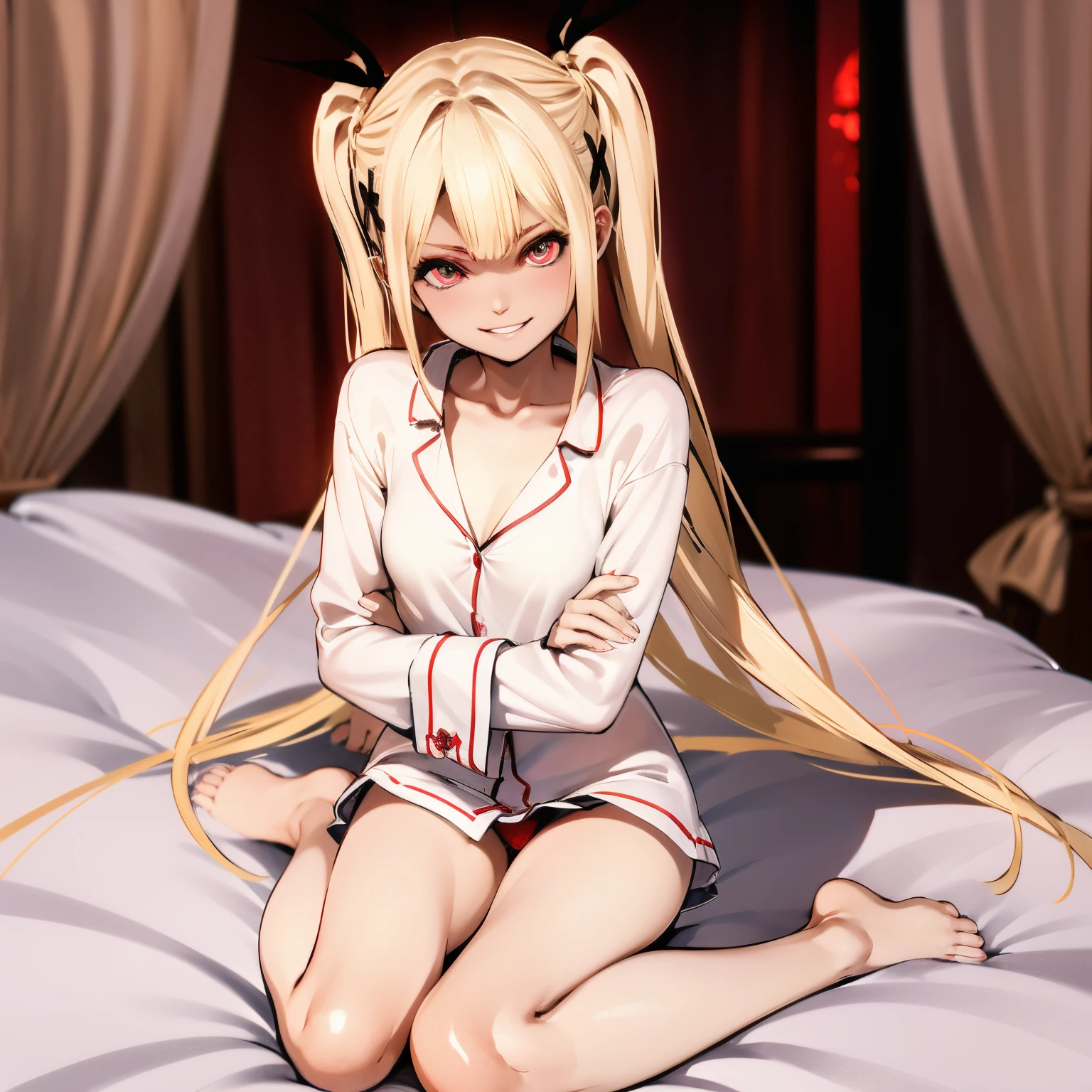 Perverted man possessed Marie Rose, Glowing-red eyes, Blonde hair, evil grin, dark horror ambience, waking up in Marie Rose's body, sitting in bed, happy, slender body, wearing pajamas