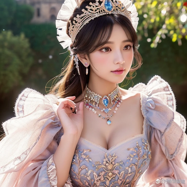 Ultra-detailed, Extremely detailed,((anime art style)),masutepiece,(Best Quality),(Super Detail),(Very delicate and beautiful),((Solo)),(((Full body))),Full body,((Detailed face and eyes)),Perfect eyes, rendered eyes,Beautiful eyes like jewels,((1 princess wearing a gorgeous rococo ball gown decorated with beautiful embroidery and jewels、With voluminous full-length hoop skirt with ruffles)),((crinoline)),Gorgeous rococo ball gown decorated with beautiful embroidery and jewels、Voluminous full-length hoop skirt with ruffles,(Large amount of straight hair,Very voluminous and very long straight hair,Absolutely long straight hair),Sparkly skin,(((very very gigantic boobs,Skindentation))),Bursting breasts,cleavage,((fantasy castle,Outdoors,Outside the castle)),long_gloves,very luxurious jeweled hair ornament,(Tiara adorned with sparkly and very gorgeous jewels),(Luxurious Jewelry),Full body,Gorgeous rococo ball gown decorated with beautiful embroidery and jewels、Voluminous full-length hoop skirt with ruffles　Sheet milk exposed　Areola pink　areola large